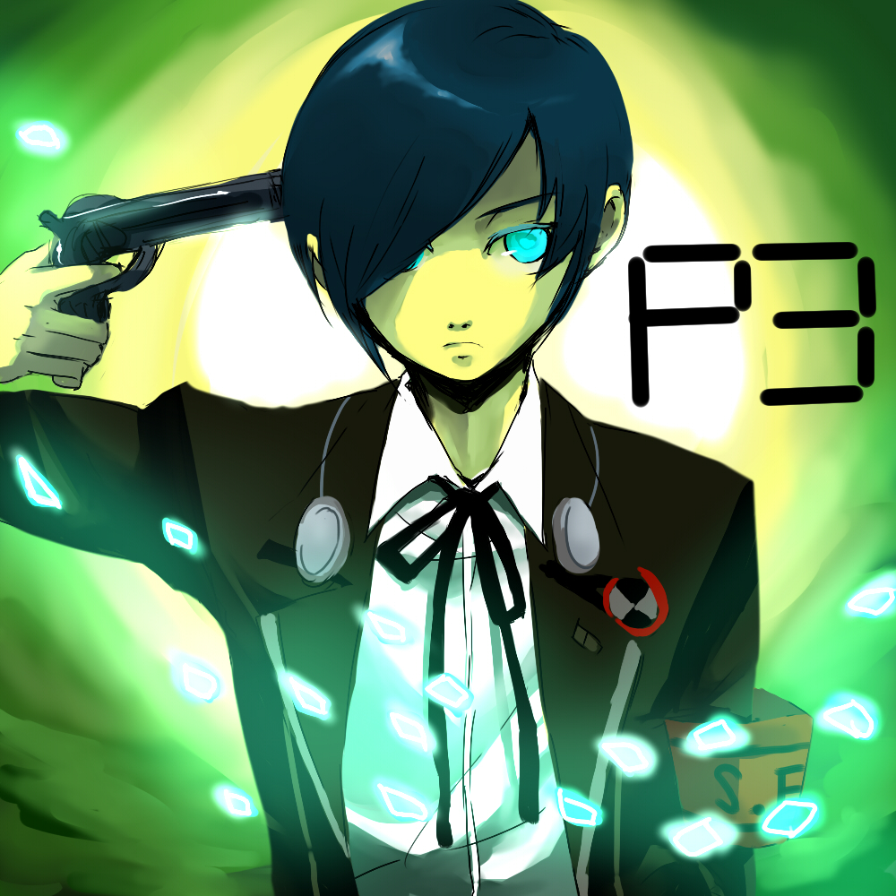 shirokoma, yuuki makoto (persona 3), atlus, persona, persona 3, bad id, bad pixiv id, 1boy, armband, blue eyes, blue hair, evoker, formal clothes, frown, glowing, glowing eyes, gun, gun to head, handgun, headphones, holding, holding gun, holding weapon, male focus, matching hair/eyes, pistol, school uniform, short hair, solo, suit, weapon