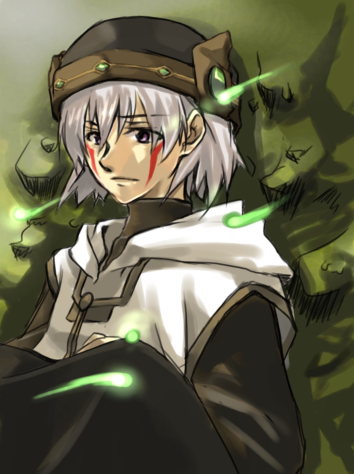 shirokoma, tsukasa (.hack//), .hack//, .hack//sign, bandai, cyber connect 2, silver hair, 00s, 1boy, gradient background, hat, male focus, purple eyes, solo