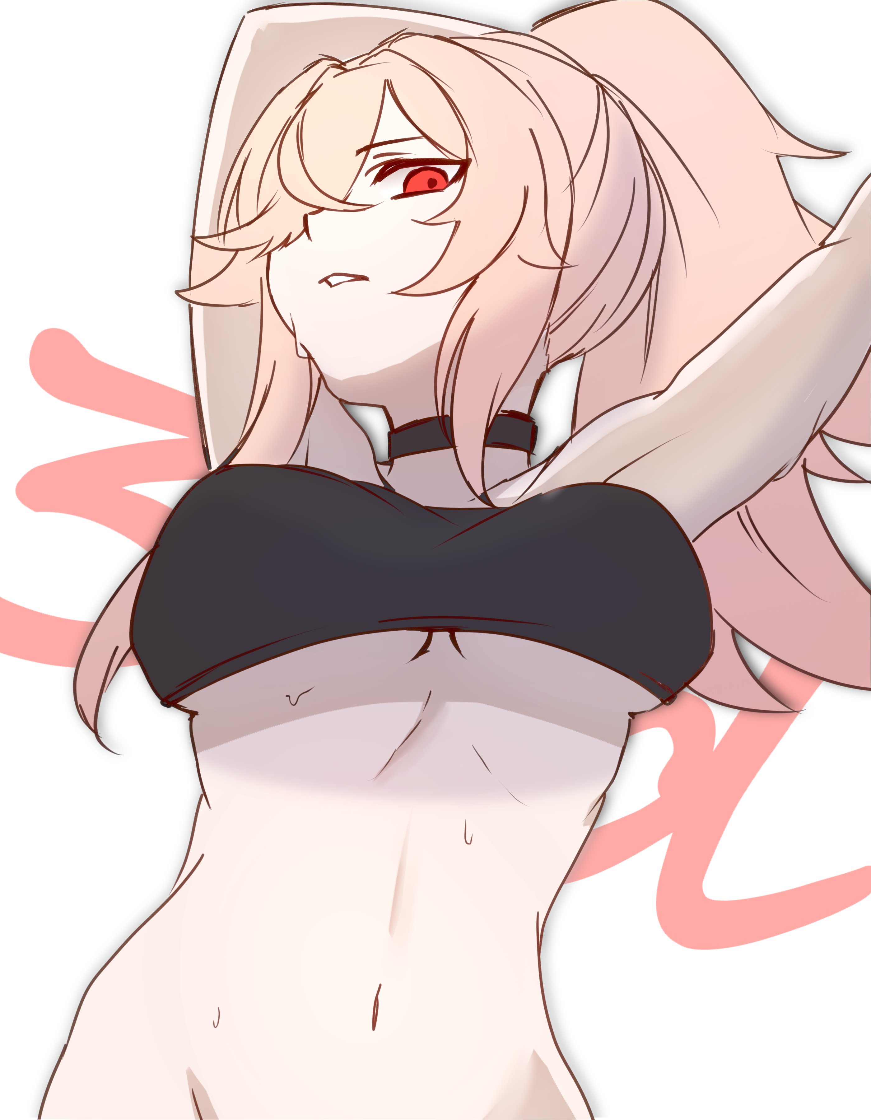 satoyukitowa, chenxue (honkai impact), honkai (series), honkai impact 3rd, absurdres, highres, 1girl, black choker, blonde hair, breasts, chenxue (astralop), choker, crop top, hair ornament, hair over one eye, long hair, looking at viewer, official alternate costume, official alternate hair length, official alternate hairstyle, red eyes, shirt, short sleeves, simple background