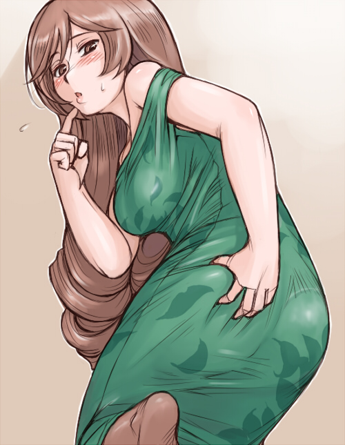 tsuda nanafushi, suiseiseki, rozen maiden, 00s, 1girl, aged up, ass, bare shoulders, blush, breasts, brown eyes, brown hair, dress, female focus, grabbing own ass, hand on own ass, large breasts, long hair, pantyhose, solo