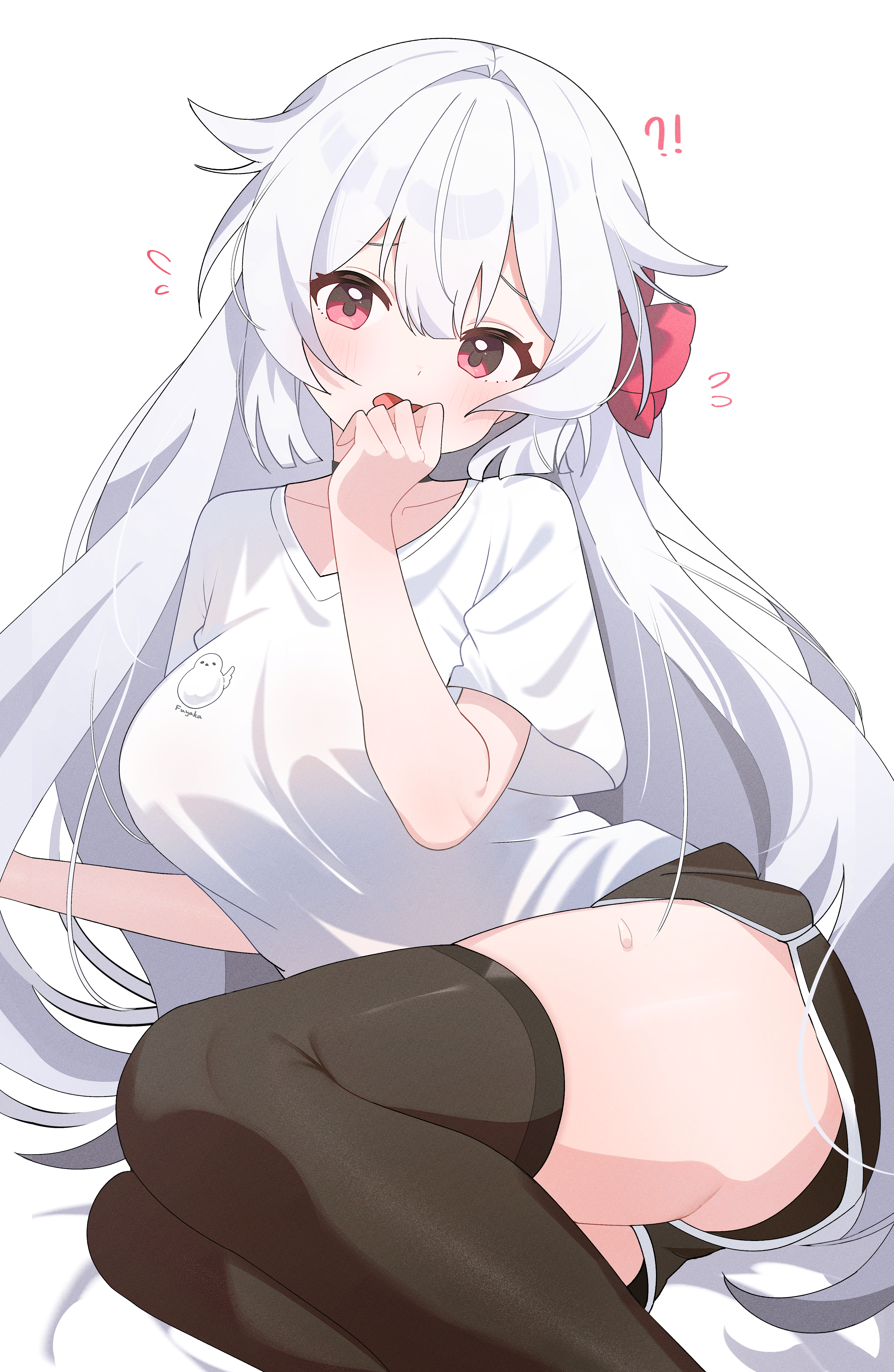 shusuchii, fuyuka (stella sora), stella sora, absurdres, commentary, highres, making-of available, symbol-only commentary, variant set, !?, 1girl, alternate costume, black choker, black shorts, black thighhighs, blush, choker, collarbone, dolphin shorts, flower, flying sweatdrops, hair flaps, hair flower, hair ornament, head tilt, legs together, long hair, looking at viewer, loungewear, orchid, print shirt, reclining, red eyes, shirt, short sleeves, shorts, solo, spoken interrobang, sweat, t-shirt, thighhighs, thighs, very long hair, white hair, white shirt