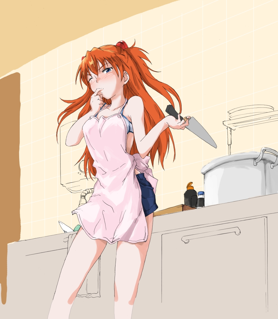 matsukura nemu, souryuu asuka langley, neon genesis evangelion, rebuild of evangelion, 00s, 1girl, apron, bare shoulders, blue eyes, female focus, finger in own mouth, finger sucking, indoors, kitchen, kitchen knife, knife, long hair, one eye closed, orange hair, shorts, solo, twintails, two side up, wink