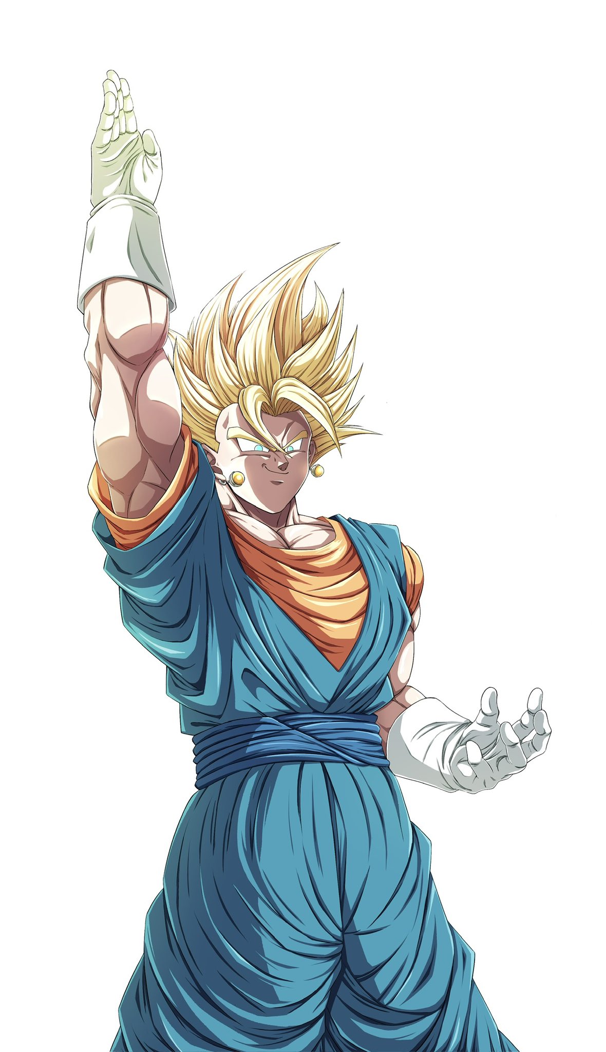 no10hei30, vegetto, dragon ball, dragonball z, hashtag-only commentary, highres, 1boy, arm up, blonde hair, blue pants, blue sash, blue shirt, cowboy shot, dougi, earrings, gloves, green eyes, jewelry, male focus, medium hair, muscular, muscular male, pants, potara earrings, sash, shirt, simple background, smirk, solo, spiked hair, super saiyan, super saiyan 1, white background, white gloves