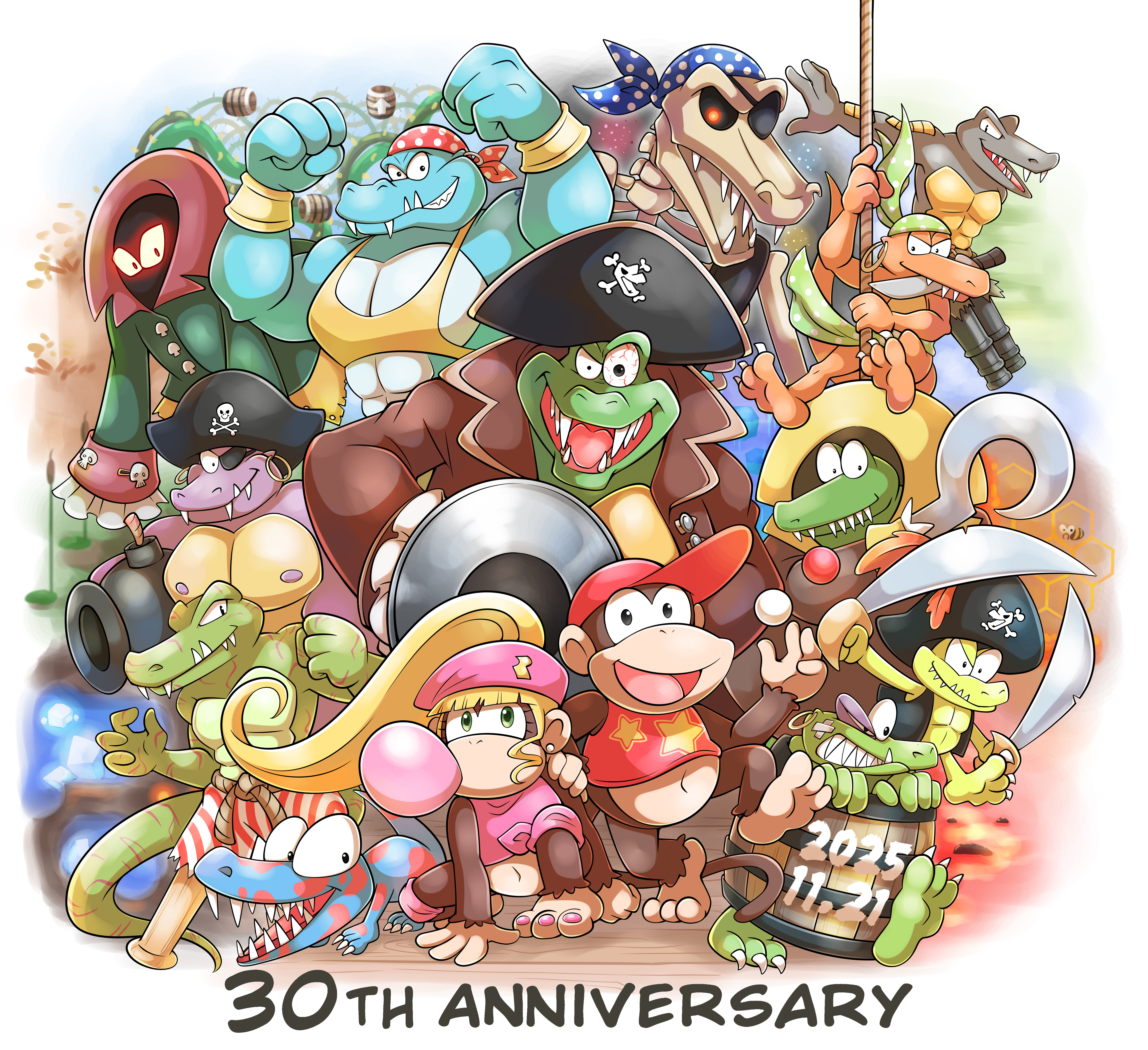 aogaeru (pixiv46613656), diddy kong, dixie kong, kackle, king k. rool, klampon, klinger, kloak, klobber, klomp, krook, kruncha, kutlass, donkey kong (series), donkey kong country 2, nintendo, 1girl, 6+boys, anniversary, antique firearm, bandana, barrel, baseball cap, beret, blonde hair, blowing bubbles, blunderbuss, brown fur, cannon, chewing gum, earrings, english text, fangs, firearm, gun, hat, holding, holding weapon, hook hand, hoop earrings, jewelry, kaboing, kannon, knife, looking at viewer, multiple boys, nail polish, navel, open mouth, pirate, pirate hat, ponytail, rope, smile, sword, tank top, toenail polish, toenails, weapon