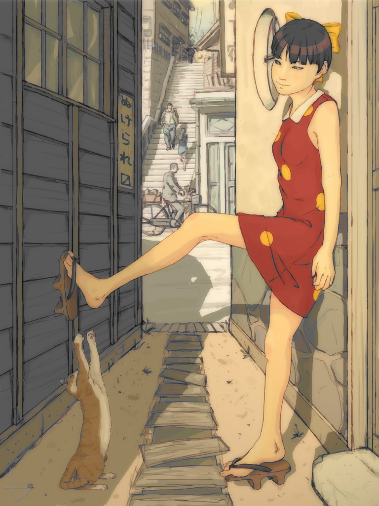 nekomusume, gegege no kitarou, toei company, artist request, 1girl, alley, bare shoulders, black hair, bow, cat, dress, feet, female focus, flat chest, geta, hair bow, realistic, sandals, shoe dangle, short hair, solo, stairs, teasing