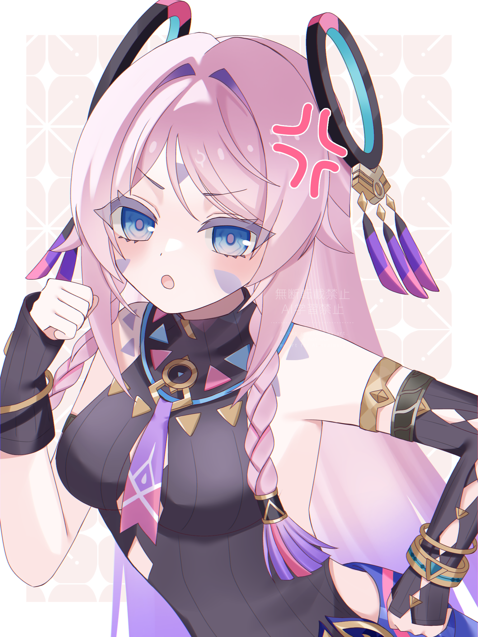 kino (curry pan), citlali (genshin impact), genshin impact, commentary request, highres, revision, 1girl, anger vein, armlet, black arm warmers, black leotard, blue eyes, braid, breasts, facial mark, floating headgear, forehead mark, hair intakes, halter leotard, halterneck, headgear, jewelry, leotard, long hair, medium breasts, open mouth, parted bangs, pink hair, pink pupils, ring hair ornament, side braid, solo, triangle, triangle facial mark, twin braids, upper body