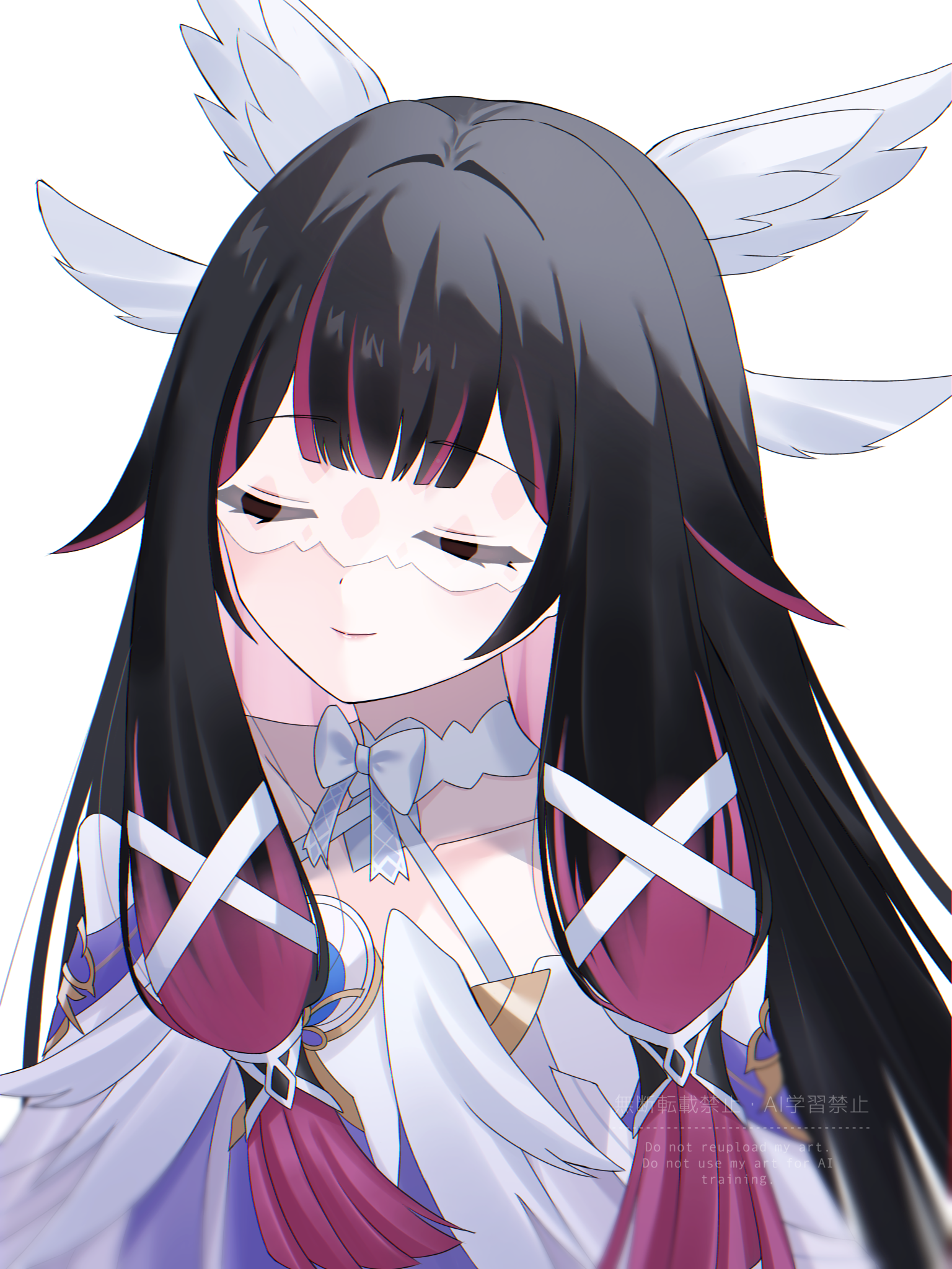 kino (curry pan), columbina (genshin impact), genshin impact, commentary request, highres, partial commentary, revision, 1girl, angel wings, black hair, blunt bangs, blunt tresses, bow, bowtie, closed eyes, closed mouth, collar, collarbone, cowlick, detached collar, double-parted bangs, dress, eye mask, eyelashes, facing viewer, feathered wings, hair ribbon, hair tubes, head wings, long hair, mask, multicolored hair, multiple wings, pink hair, pink lips, ribbon, smile, solo, streaked hair, tress ribbon, twitter username, upper body, watermark, white background, white bow, white bowtie, white collar, white dress, white mask, white wings, wings