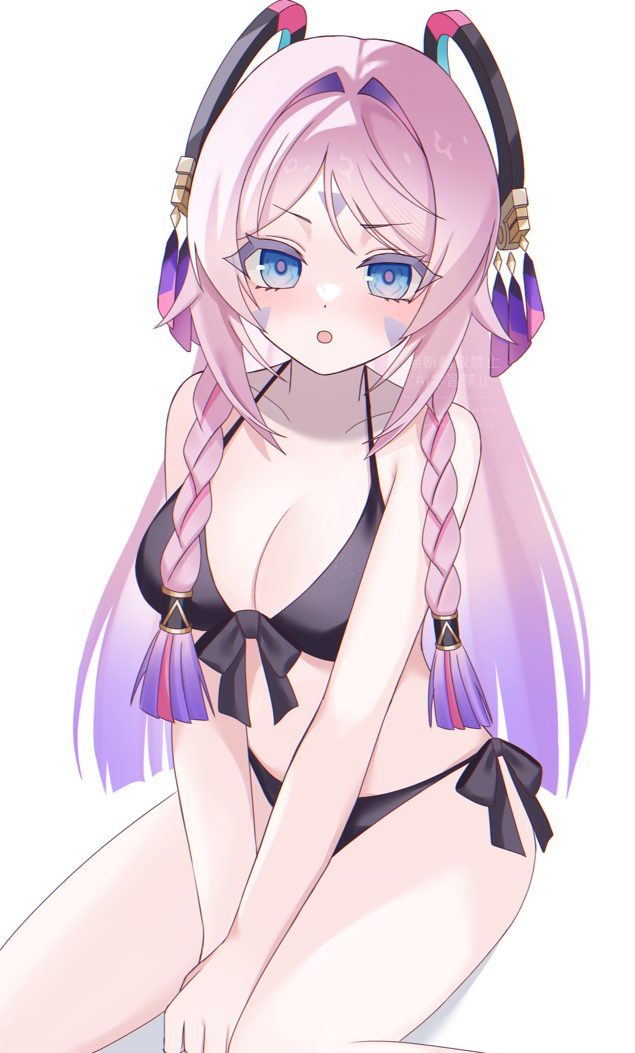 kino (curry pan), citlali (genshin impact), genshin impact, commentary request, highres, partial commentary, revision, 1girl, :o, alternate costume, bare shoulders, bikini, black bikini, blue eyes, blush, braid, breasts, cleavage, collarbone, facial mark, floating headgear, forehead mark, gradient hair, halterneck, headgear, large breasts, long hair, looking at viewer, multicolored hair, pink hair, pink pupils, purple hair, side-tie bikini bottom, simple background, sitting, solo, stomach, string bikini, swimsuit, triangle, triangle facial mark, twin braids, very long hair, white background