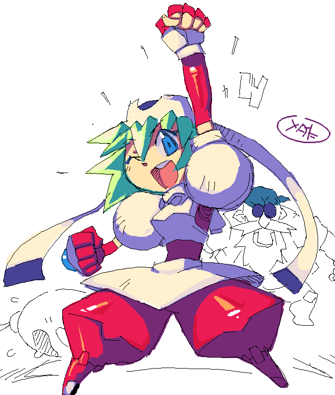 metata, marina liteyears, professor theo, yuke yuke!! trouble makers, bad id, bad pixiv id, 1girl, armor, beard, blue eyes, clenched hand, clenched hands, facial hair, female focus, fingerless gloves, glasses, gloves, green hair, one eye closed, raised fist, ribbon, robot, solo, wink