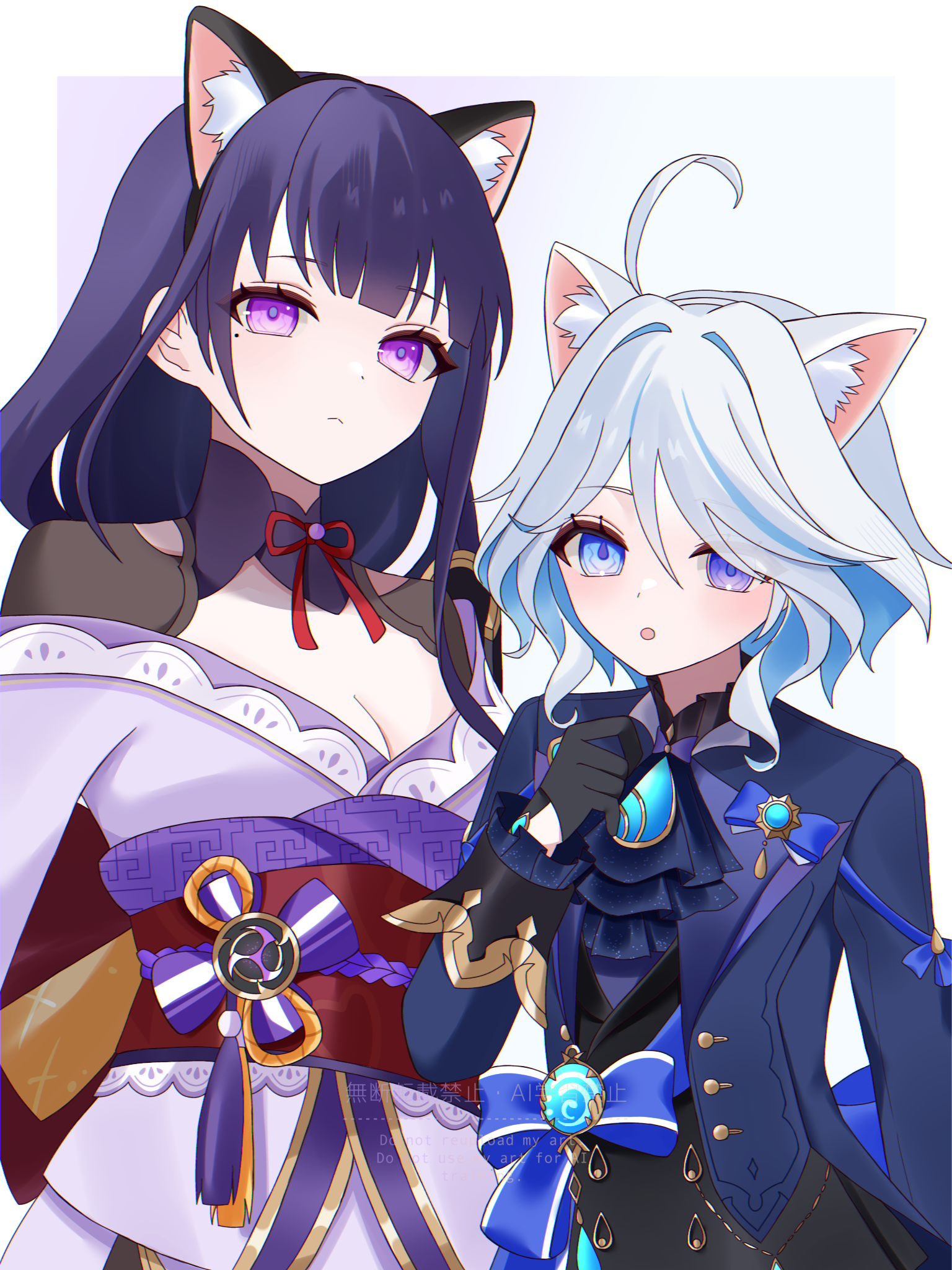 kino (curry pan), furina (genshin impact), raiden shogun, genshin impact, bad id, bad pixiv id, commentary request, highres, revision, 2girls, :o, ahoge, animal ear fluff, animal ears, ascot, black gloves, blue ascot, blue eyes, blue hair, blue jacket, blue pupils, breasts, cat ears, cleavage, drop-shaped pupils, gloves, grey background, hair between eyes, hand up, heterochromia, hydro symbol (genshin impact), jacket, japanese clothes, kemonomimi mode, kimono, light blush, light frown, long hair, looking at viewer, medium breasts, mole, mole under eye, multicolored hair, multiple girls, obi, ouji fashion, purple eyes, purple hair, purple kimono, red sash, sash, streaked hair, symbol-shaped pupils, twitter username, upper body, very long hair, vision (genshin impact), white hair