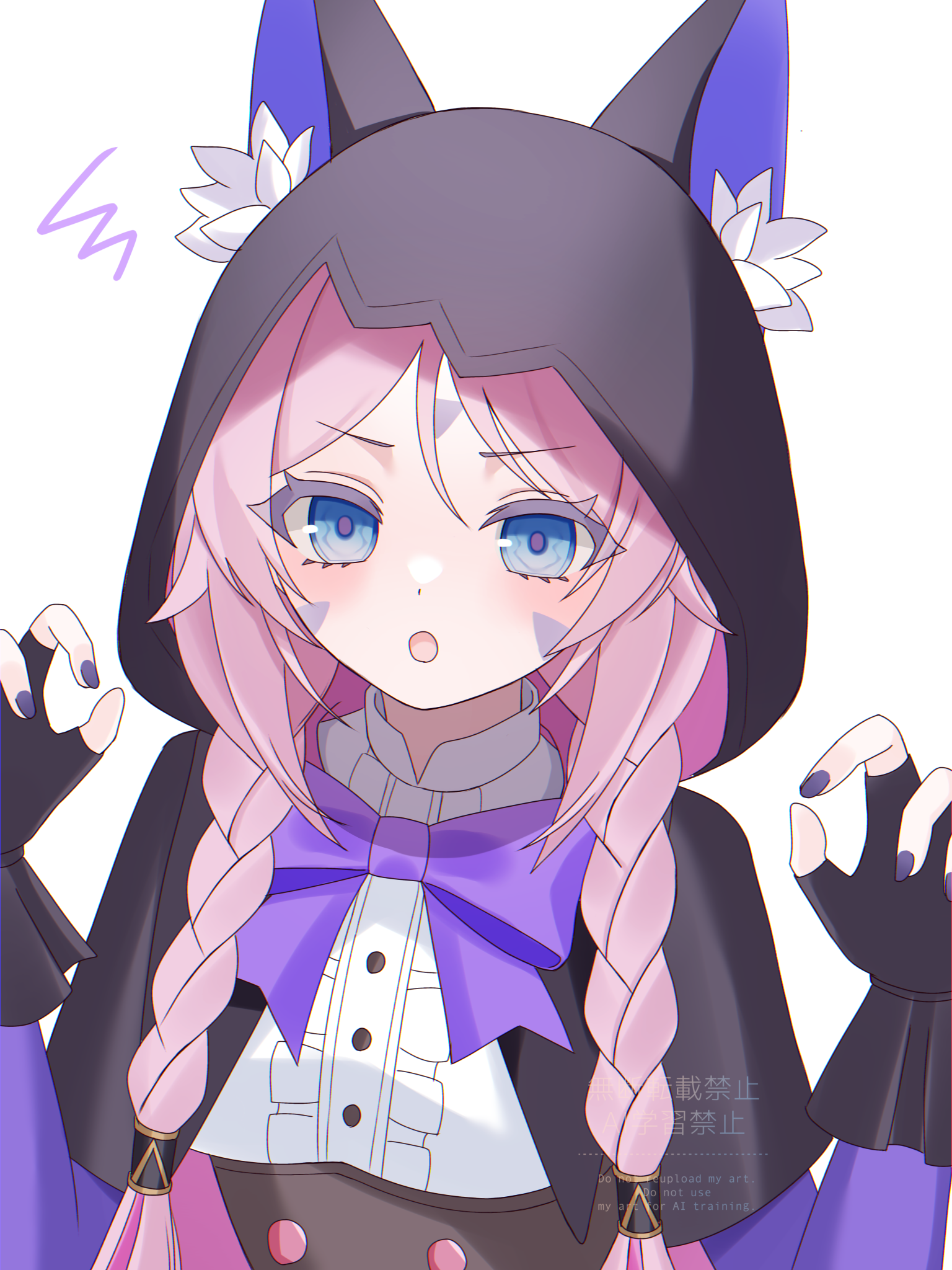 kino (curry pan), citlali (genshin impact), genshin impact, commentary, commentary request, english commentary, highres, mixed-language commentary, partial commentary, 1girl, :o, animal ear hood, black capelet, blue eyes, blush, bow, bowtie, braid, breasts, capelet, center frills, claw pose, facial mark, fake animal ears, fingernails, forehead mark, frills, hands up, hood, hooded capelet, looking at viewer, medium breasts, nail polish, open mouth, pink hair, pink pupils, purple bow, purple bowtie, purple nails, shirt, simple background, solo, triangle, triangle facial mark, twin braids, upper body, white background, white shirt