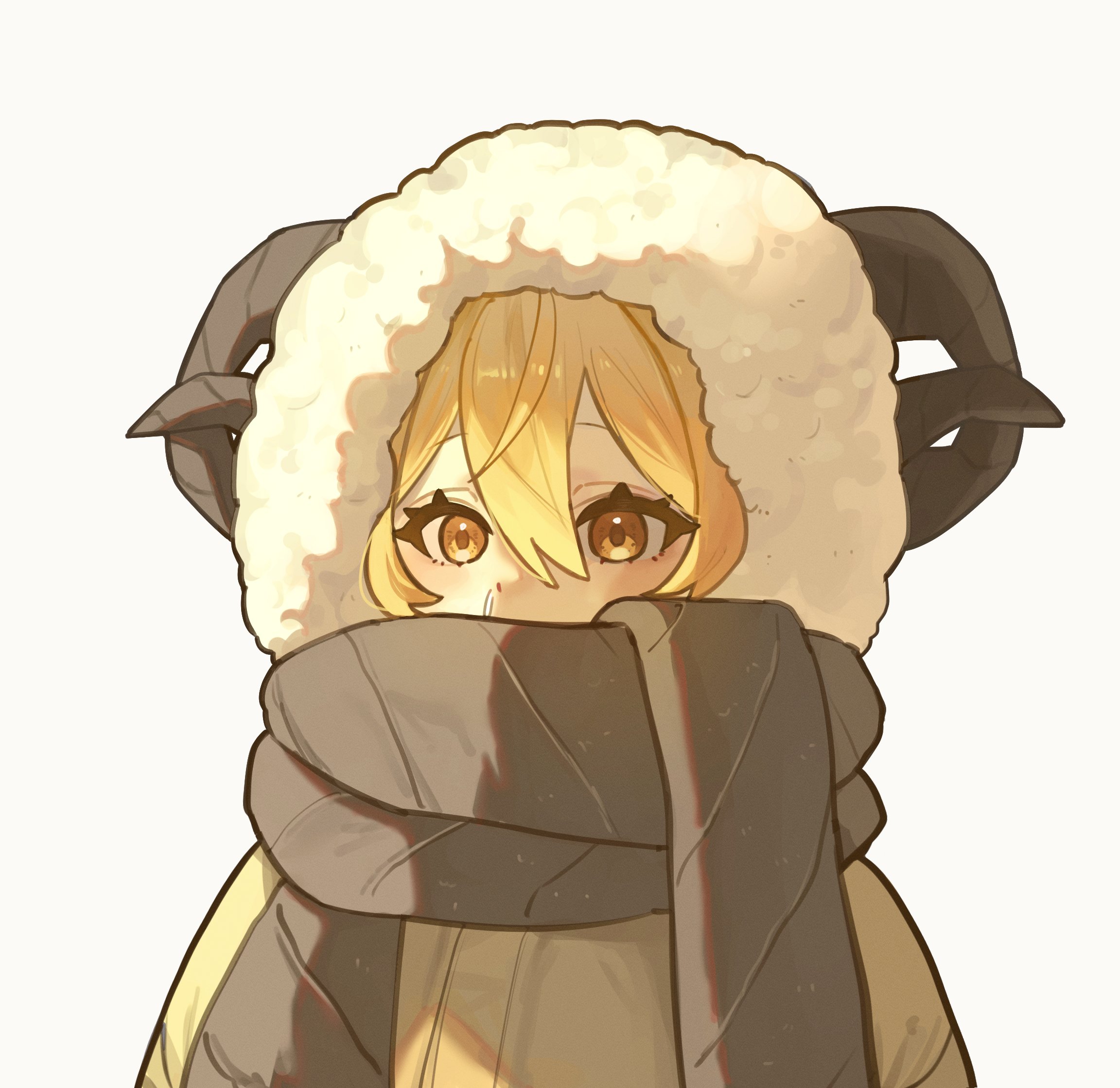 nyd4du2, don quixote (project moon), limbus company, project moon, hashtag-only commentary, highres, 1girl, blonde hair, brown scarf, covered mouth, fur hood, hair between eyes, heishou pack-wei branch (identity) (project moon), horns, jacket, looking at viewer, scarf, sheep horns, simple background, snot, solo, upper body, white background, yellow eyes, yellow jacket