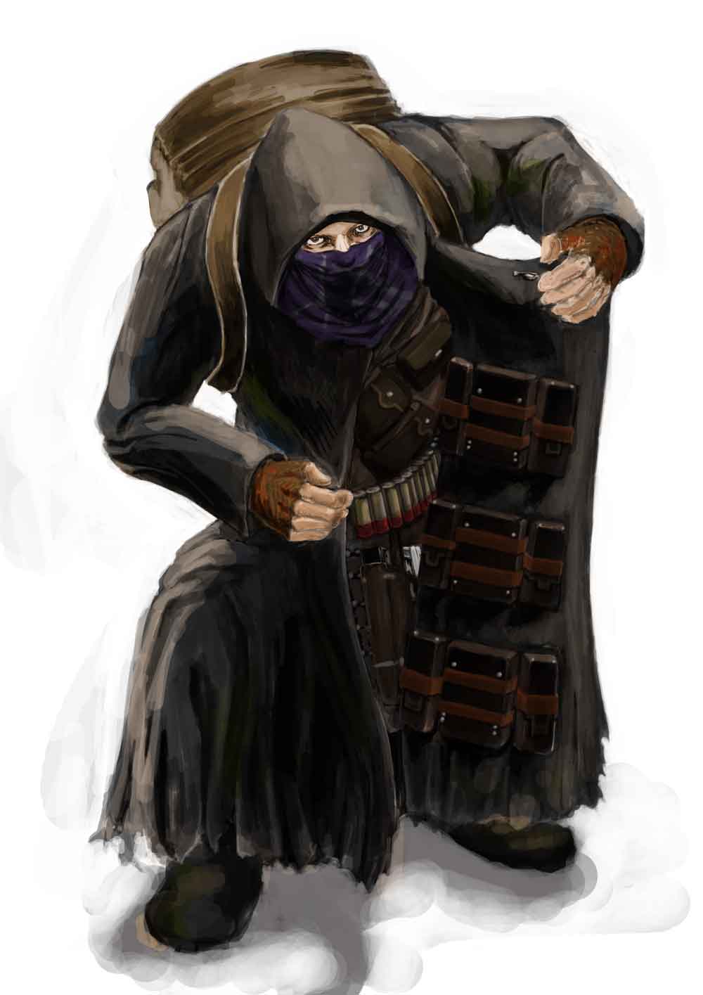 kurodra, ganado, merchant (resident evil), resident evil, resident evil 4, highres, 1boy, backpack, bag, coat, coat stash, fingerless gloves, gloves, hood, leaning forward, male focus, painterly, randoseru, solo