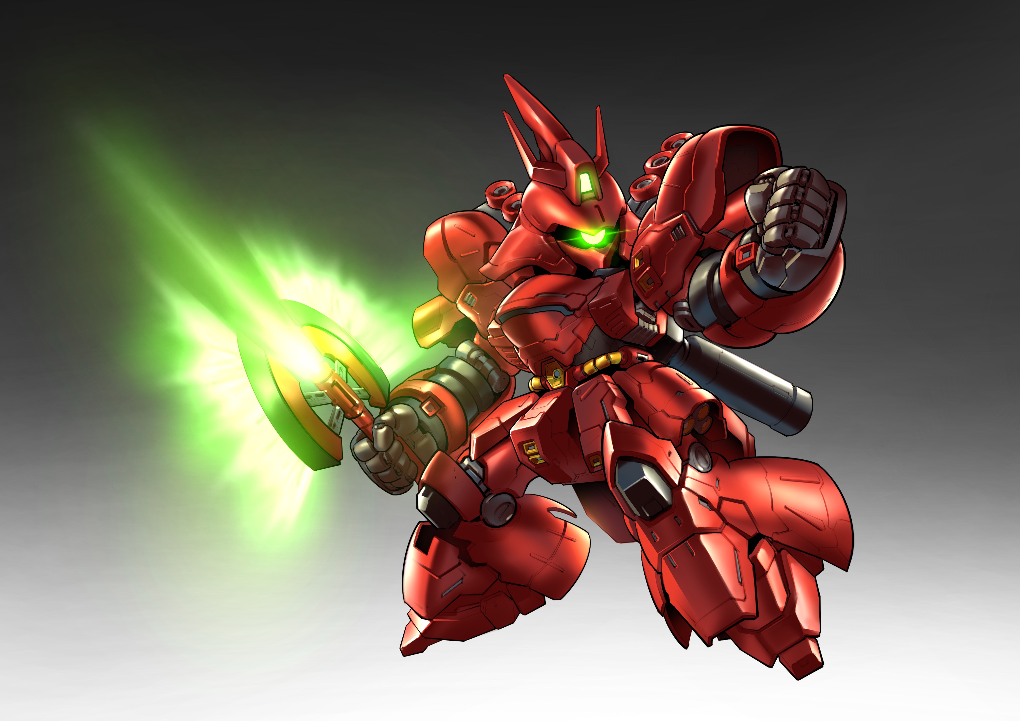 zakuma, sazabi, char's counterattack, gundam, sd gundam, absurdres, chinese commentary, commentary request, highres, making-of available, chibi, clenched hand, energy sword, full body, glowing, glowing eye, gradient background, green eyes, holding, holding sword, holding weapon, mecha, mecha focus, mobile suit, no humans, one-eyed, robot, science fiction, solo, sword, thrusters, weapon