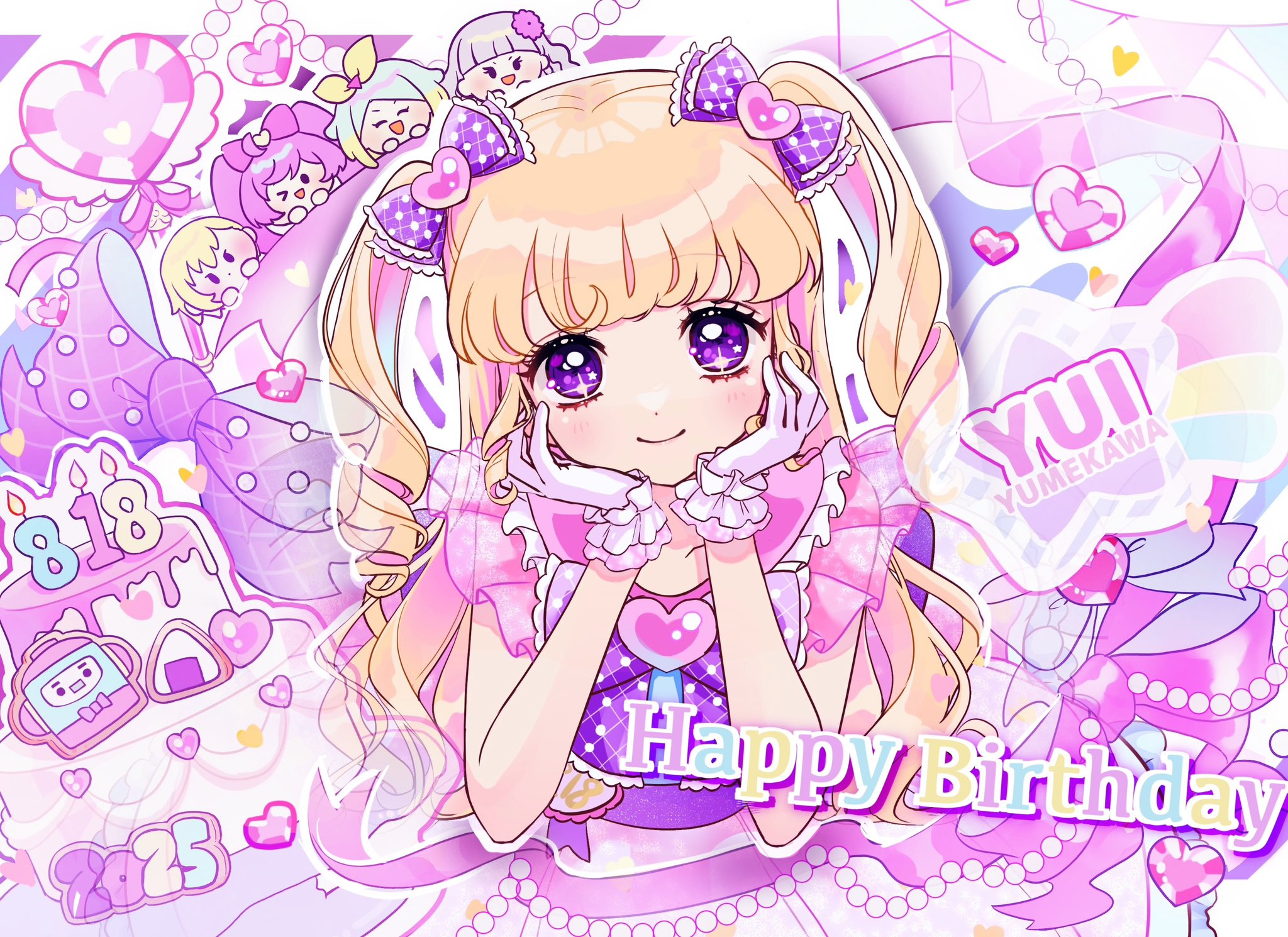 machiko (milk maciko), koda michiru, manaka laala, miichiru (pripara), nijiiro nino, yumekawa shogo, yumekawa yui, idol time pripara, pretty series, pripara, commentary request, highres, 1girl, birthday cake, blonde hair, bow, cake, character name, dress, food, gloves, hair bow, hands on own cheeks, hands on own face, hands up, happy birthday, idol clothes, long hair, looking at viewer, onigiri, outline, pink dress, purple bow, purple eyes, rice cooker, ringlets, smile, solo, sparkle, takki (pripara), two side up, white gloves, white outline