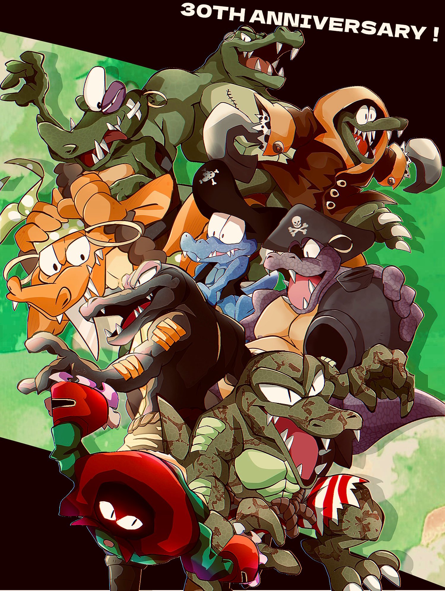 klank, klinger, kloak, klobber, klomp, klubba, kremling, krook, donkey kong (series), donkey kong country 2, nintendo, 6+boys, anniversary, bandages, bandana, barrel, bruise, bruised eye, cannon, clat, claws, earrings, fangs, green background, holding, holding weapon, hook hand, hoop earrings, jewelry, kaboing, kannon, kou (82dkc ), multiple boys, open mouth, tongue, tongue out, weapon