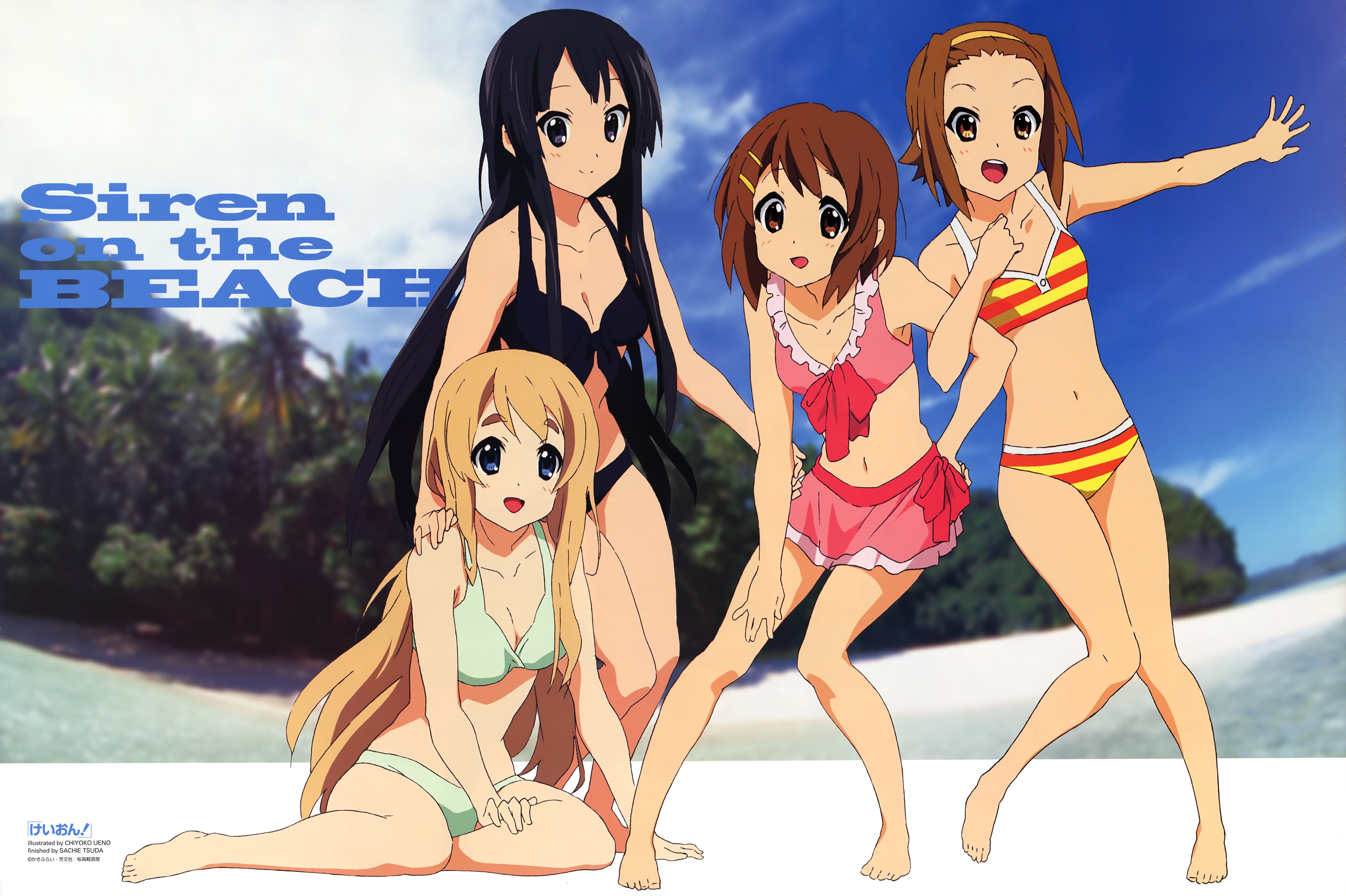 ueno chiyoko, akiyama mio, hirasawa yui, kotobuki tsumugi, tainaka ritsu, k-on!, newtype, absurdres, highres, magazine scan, non-web source, official art, scan, 00s, 4girls, barefoot, bikini, black eyes, black hair, blonde hair, blue eyes, breasts, brown eyes, brown hair, cleavage, day, feet, hairband, headband, ho-kago tea time, long hair, medium breasts, multiple girls, short hair, small breasts, striped bikini, striped clothes, swimsuit, toes, very long hair