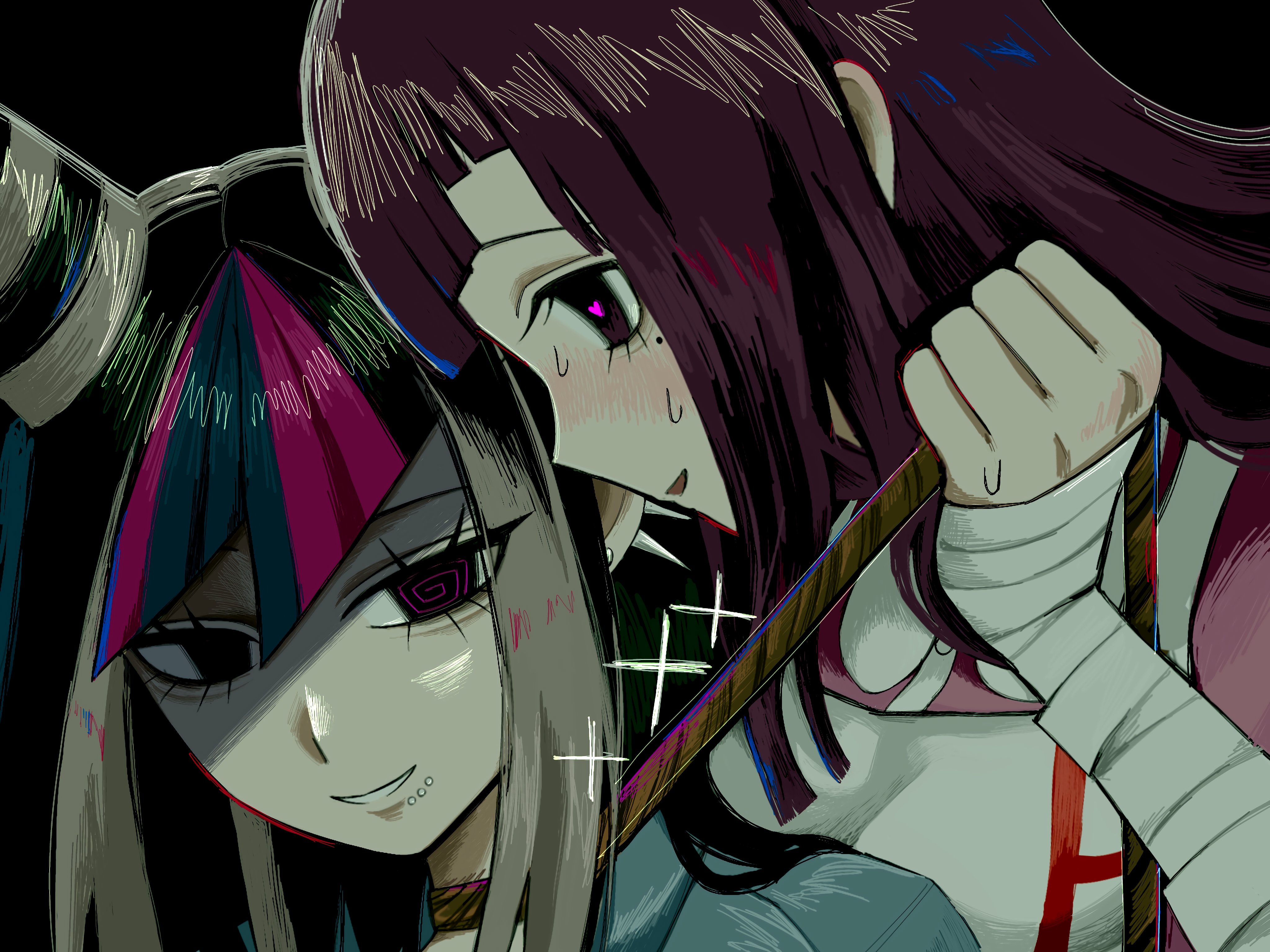mioda ibuki, tsumiki mikan, danganronpa (series), danganronpa 2: goodbye despair, absurdres, commentary, highres, symbol-only commentary, :d, apron, bandaged arm, bandages, black hair, blush, crazy eyes, face piercing, green hair, grey hair, gushagushap, long hair, looking at viewer, mouth piercing, multicolored hair, open mouth, piercing, pink hair, pink shirt, portrait, red hair, shirt, smile, sweat, teeth, white apron