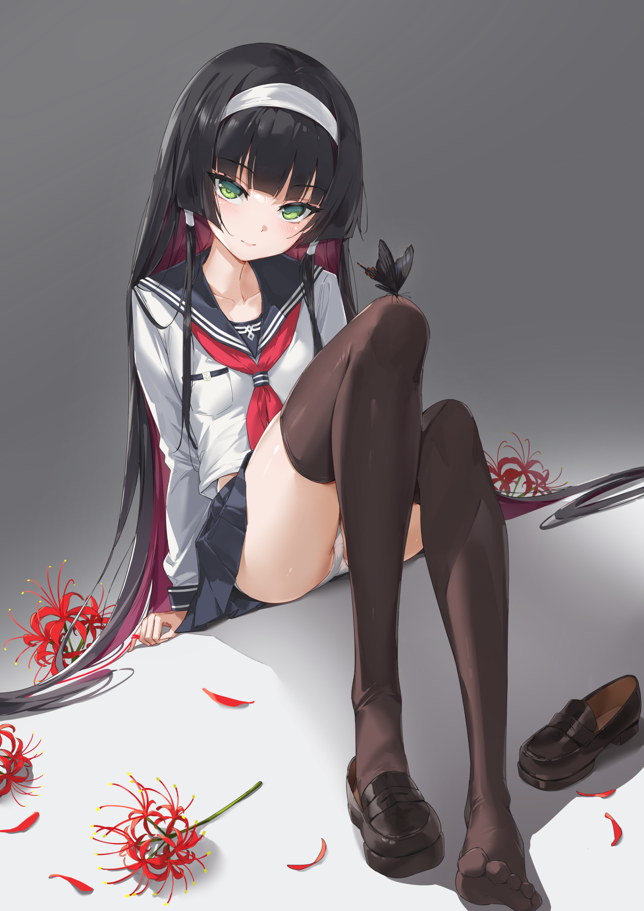 bitterpain, renge (bishoujo mangekyou), bishoujo mangekyou (series), highres, 1girl, black butterfly, black hair, black sailor collar, black skirt, black thighhighs, blush, breasts, bug, butterfly, colored inner hair, flower, full body, green eyes, hairband, insect, long hair, long sleeves, looking at viewer, multicolored hair, neckerchief, panties, pantyshot, red flower, red hair, red neckerchief, sailor collar, school uniform, serafuku, shirt, shoes, sitting, skirt, small breasts, solo, spider lily, thighhighs, underwear, unworn shoes, white hairband, white panties, white shirt