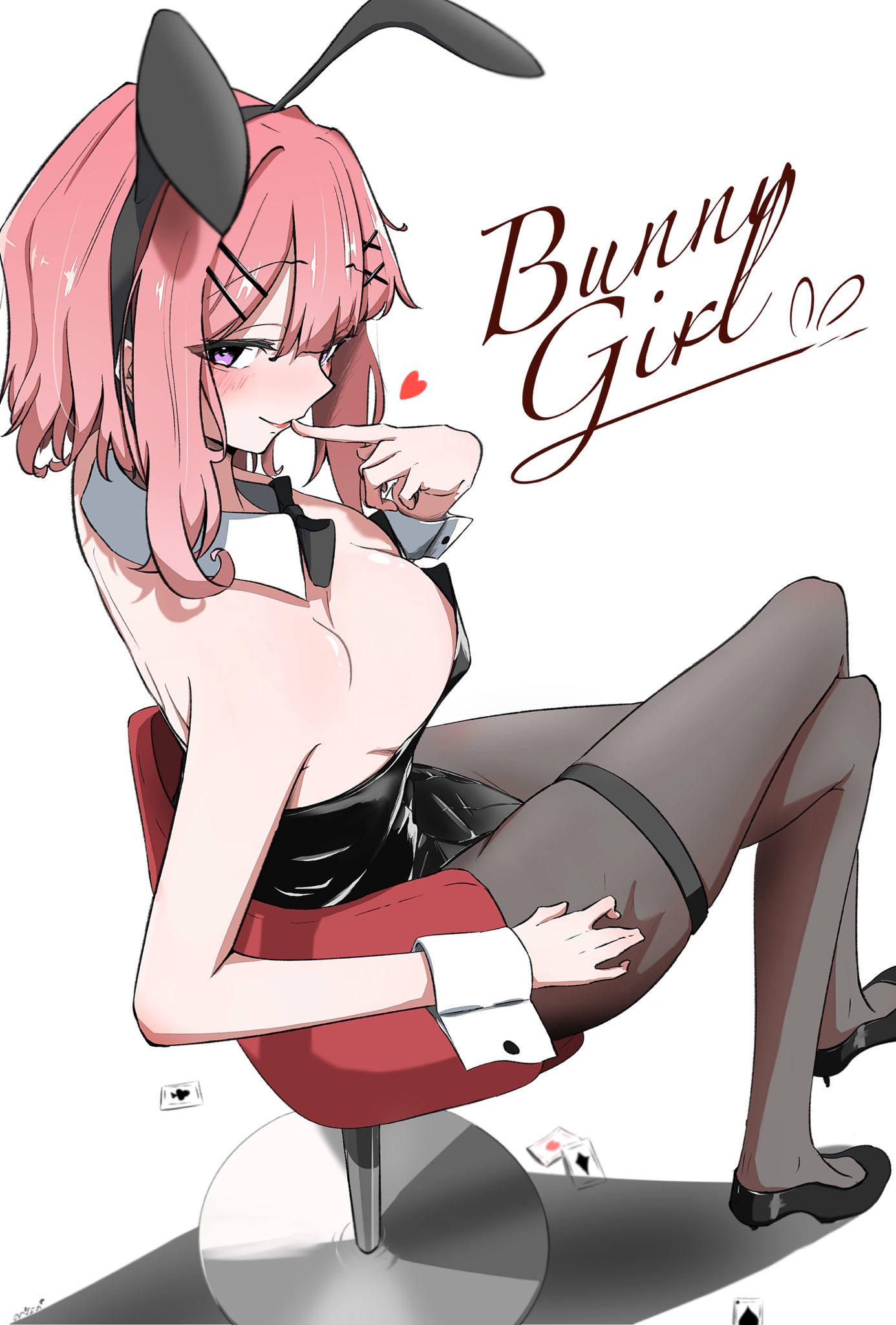 amaori renako, watashi ga koibito ni nareru wake naijan murimuri!, commentary request, highres, 1girl, animal ears, black leotard, black pantyhose, breasts, card, cleavage, detached collar, fake animal ears, hair ornament, hairclip, large breasts, leotard, looking at viewer, nobunaga (nbng g), pantyhose, parallel hairclips, pink hair, playing card, purple eyes, rabbit ears, sitting, solo, strapless, strapless leotard, thigh strap, x hair ornament