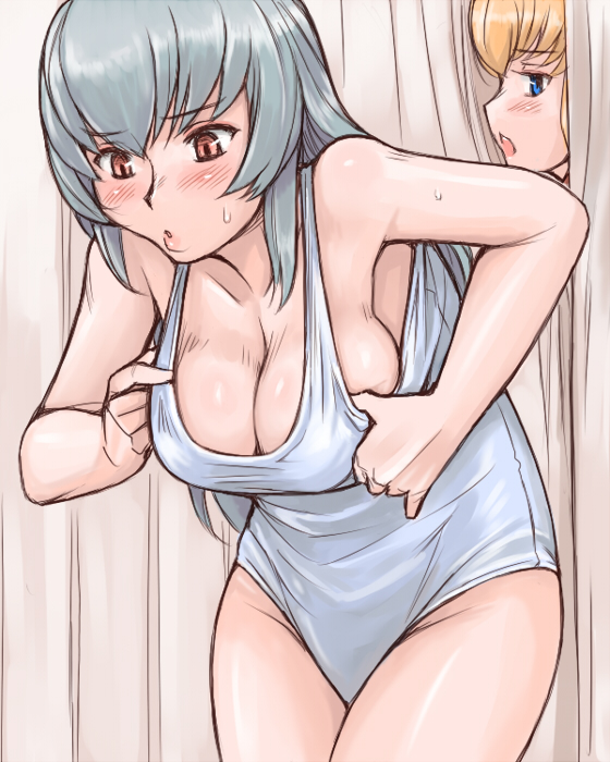 tsuda nanafushi, shinku, suigintou, rozen maiden, silver hair, 00s, 2girls, aged up, blonde hair, blue eyes, blush, breasts, cleavage, dressing room, inconvenient breasts, large breasts, multiple girls, one-piece swimsuit, sweat, swimsuit
