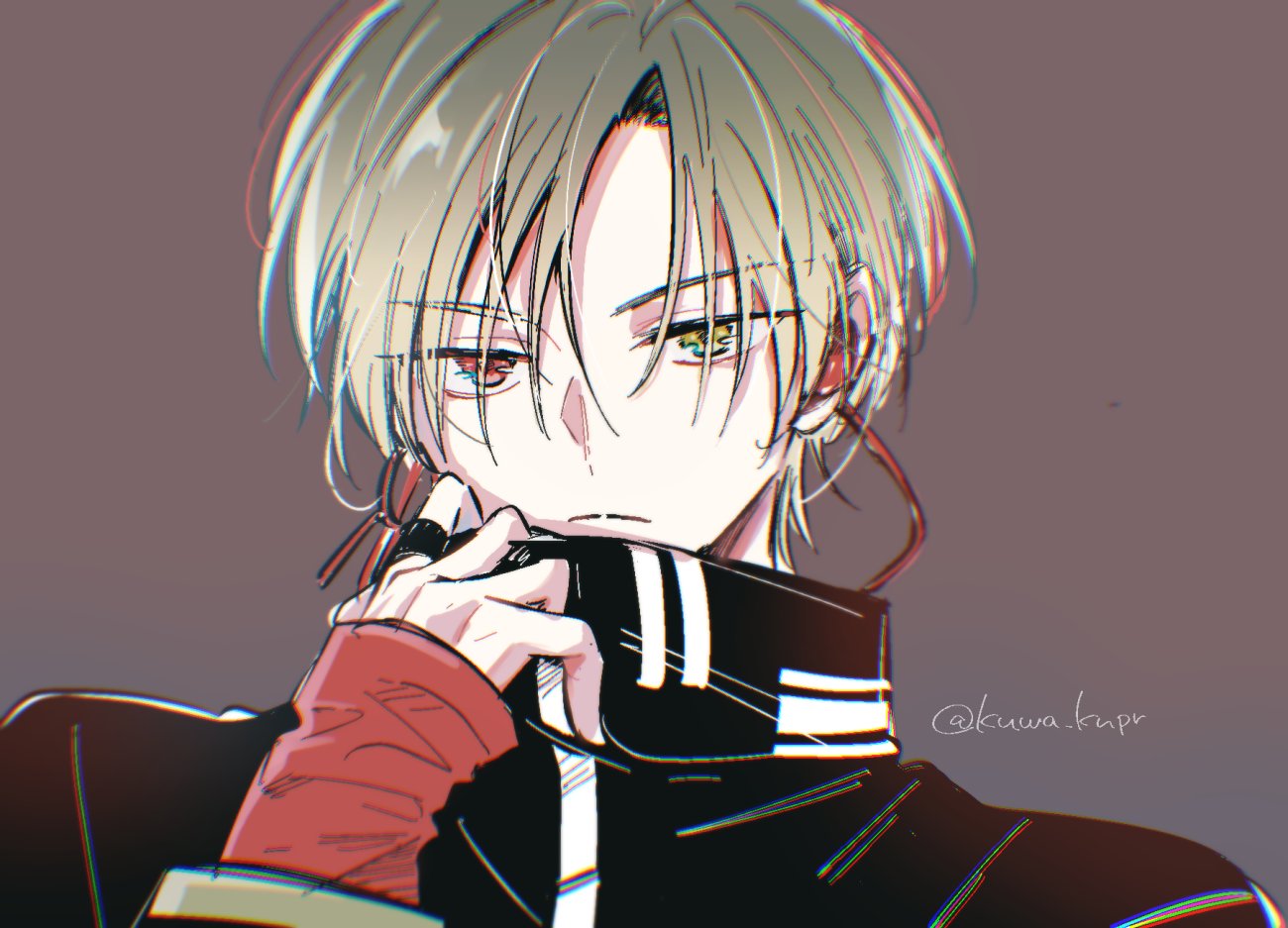 nyonnyon59, pretty rhythm, pretty series, commentary request, 1boy, blonde hair, closed mouth, earrings, grey background, hair between eyes, hand up, heterochromia, high collar, jewelry, kannazuki ai, king of prism, long sleeves, looking at viewer, male focus, parted bangs, red eyes, short hair, simple background, solo, twitter username, upper body, yellow eyes