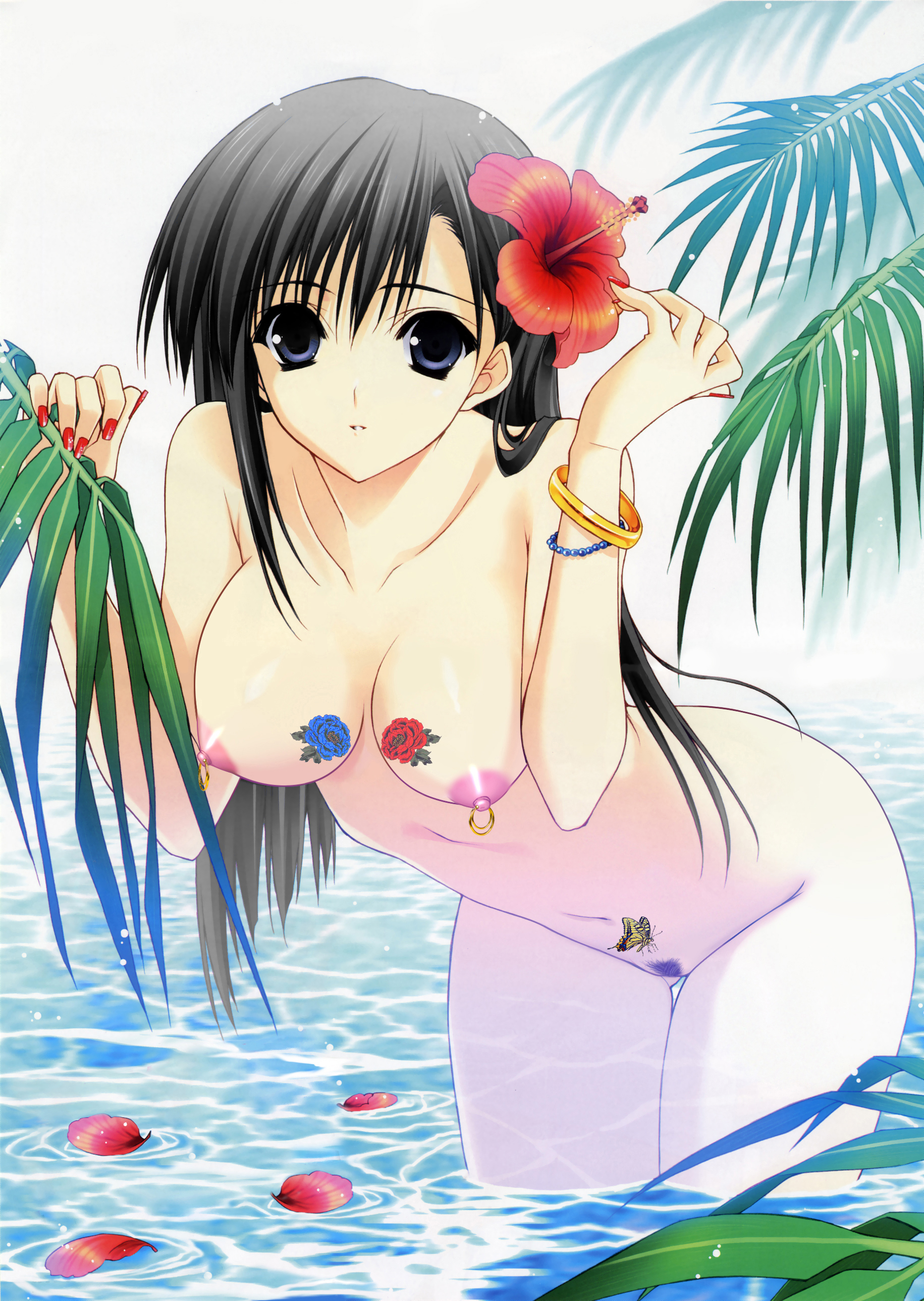 suzuhira hiro, absurdres, highres, applying manicure, breasts, nail polish, nipple piercing, nipple rings, nipples, nude, piercing, pubic hair, pussy, red nails, tattoo, uncensored