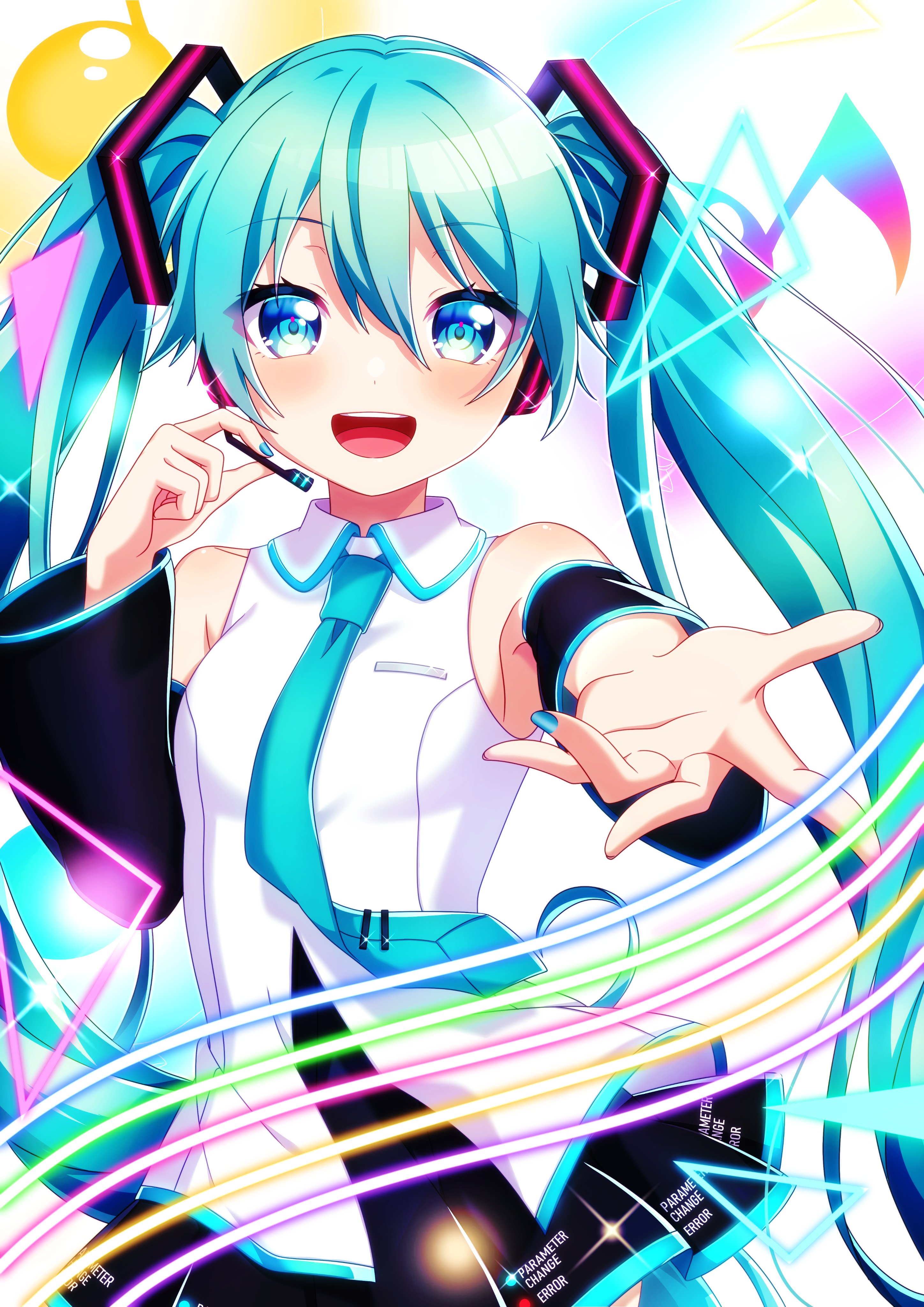 pochimaru (marumaru wanwan), hatsune miku, project sekai, vocaloid, absurdres, highres, 1girl, black skirt, blue eyes, blue hair, blue necktie, blue trim, breasts, collared shirt, detached sleeves, hair between eyes, hair ornament, headset, long hair, long sleeves, medium breasts, miniskirt, necktie, open mouth, pleated skirt, reaching, reaching towards viewer, shirt, skirt, smile, solo, twintails, very long hair, white shirt