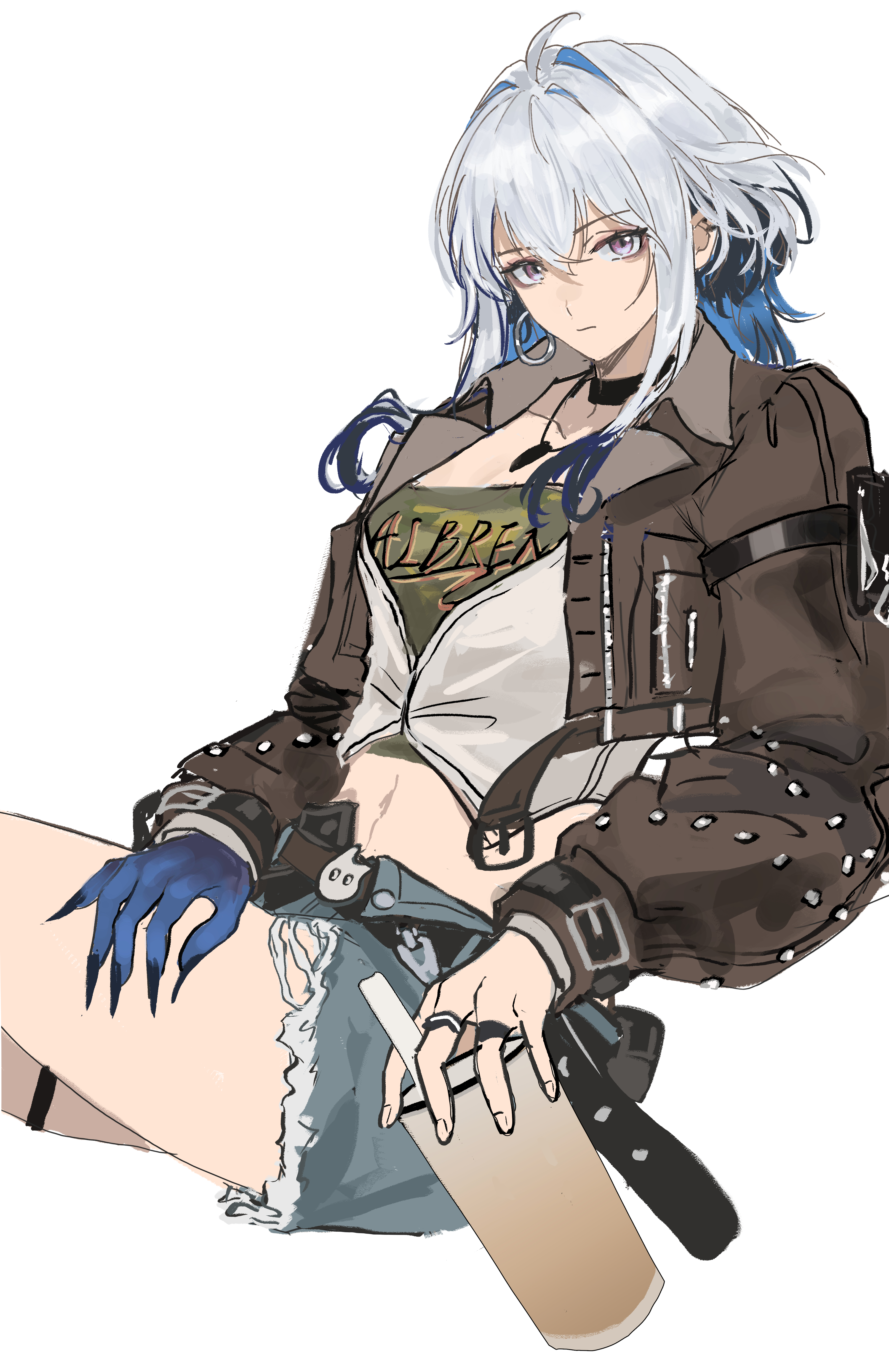 minglu (gululu), galbrena (wuthering waves), wuthering waves, absurdres, chinese commentary, commentary request, highres, 1girl, black choker, blue hair, blue nails, breasts, brown jacket, character name, choker, cleavage, closed mouth, clothes writing, collarbone, collared jacket, colored inner hair, crop top, cup, denim, denim shorts, disposable cup, earrings, from side, green shirt, grey hair, hair between eyes, holding, holding cup, hoop earrings, jacket, jewelry, long sleeves, looking at viewer, looking to the side, medium breasts, medium hair, midriff, multicolored hair, navel, necklace, official alternate costume, purple eyes, shirt, shorts, simple background, sitting, solo, thigh strap, thighs, very long fingernails, white background, white shirt