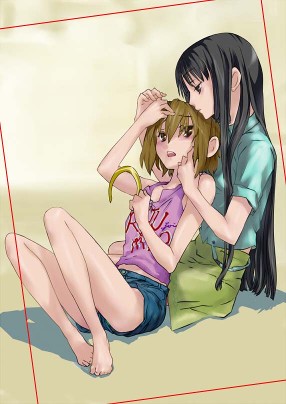 kurokoshou (spicyland), akiyama mio, tainaka ritsu, k-on!, 00s, 2girls, alternate hairstyle, barefoot, black eyes, black hair, brown hair, denim, denim shorts, feet, hair down, hairband, long hair, multiple girls, short hair, short shorts, shorts, skirt, tank top, unworn hairband, unworn headwear, yuri