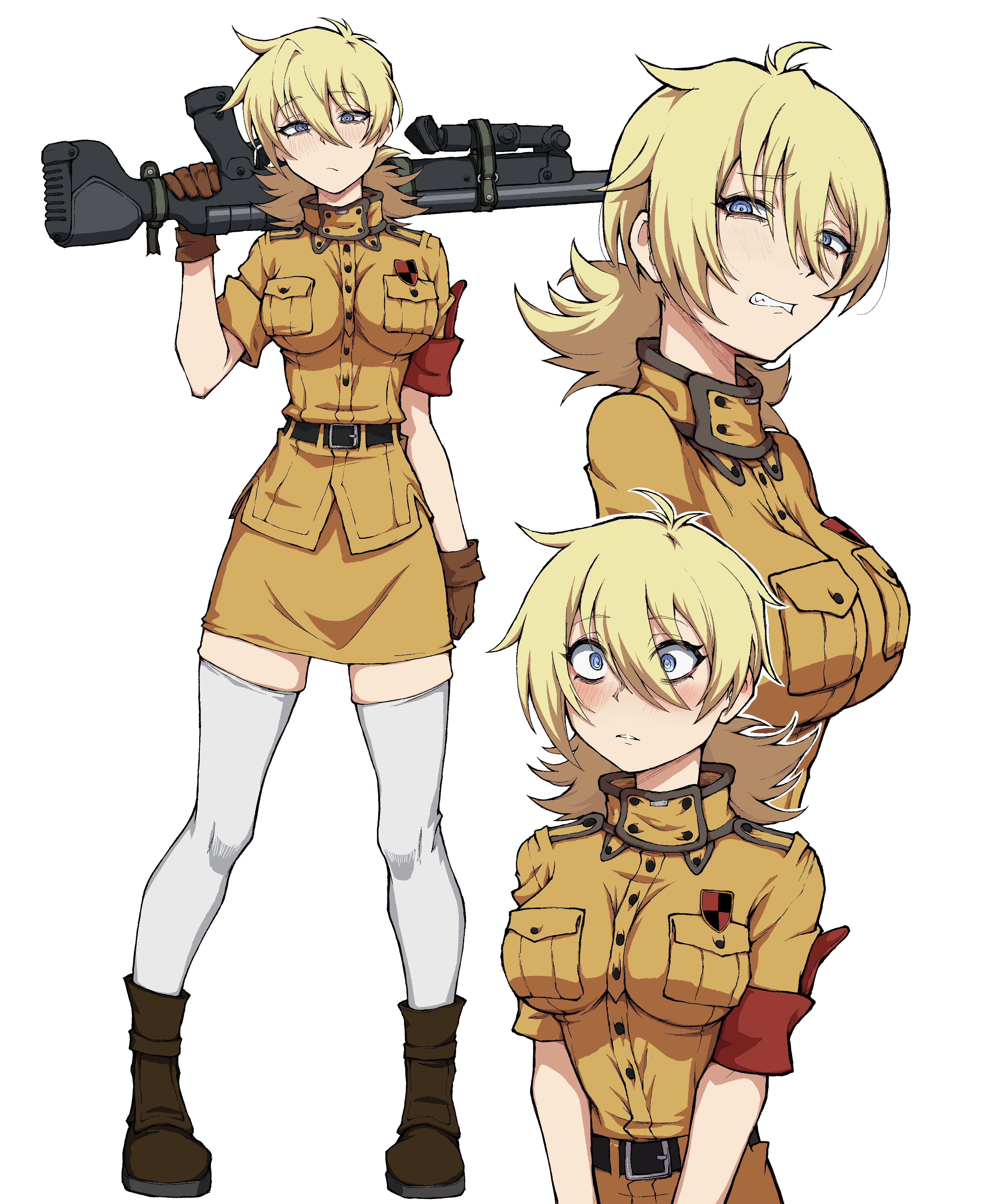 kekel, seras victoria, hellsing, absurdres, commentary, highres, symbol-only commentary, 1girl, :/, armband, belt, black belt, blonde hair, blue eyes, blush, boots, breast pocket, breasts, brown boots, brown gloves, brown shirt, brown skirt, clenched teeth, closed mouth, constricted pupils, full body, gloves, gun, hair between eyes, holding, holding gun, holding weapon, impossible clothes, impossible jacket, impossible shirt, jacket, large breasts, looking at viewer, medium hair, military uniform, miniskirt, multiple views, over shoulder, parted lips, pocket, red armband, shirt, short sleeves, simple background, skirt, standing, teeth, thighhighs, upper body, weapon, weapon over shoulder, white background, white thighhighs, wide-eyed, wince