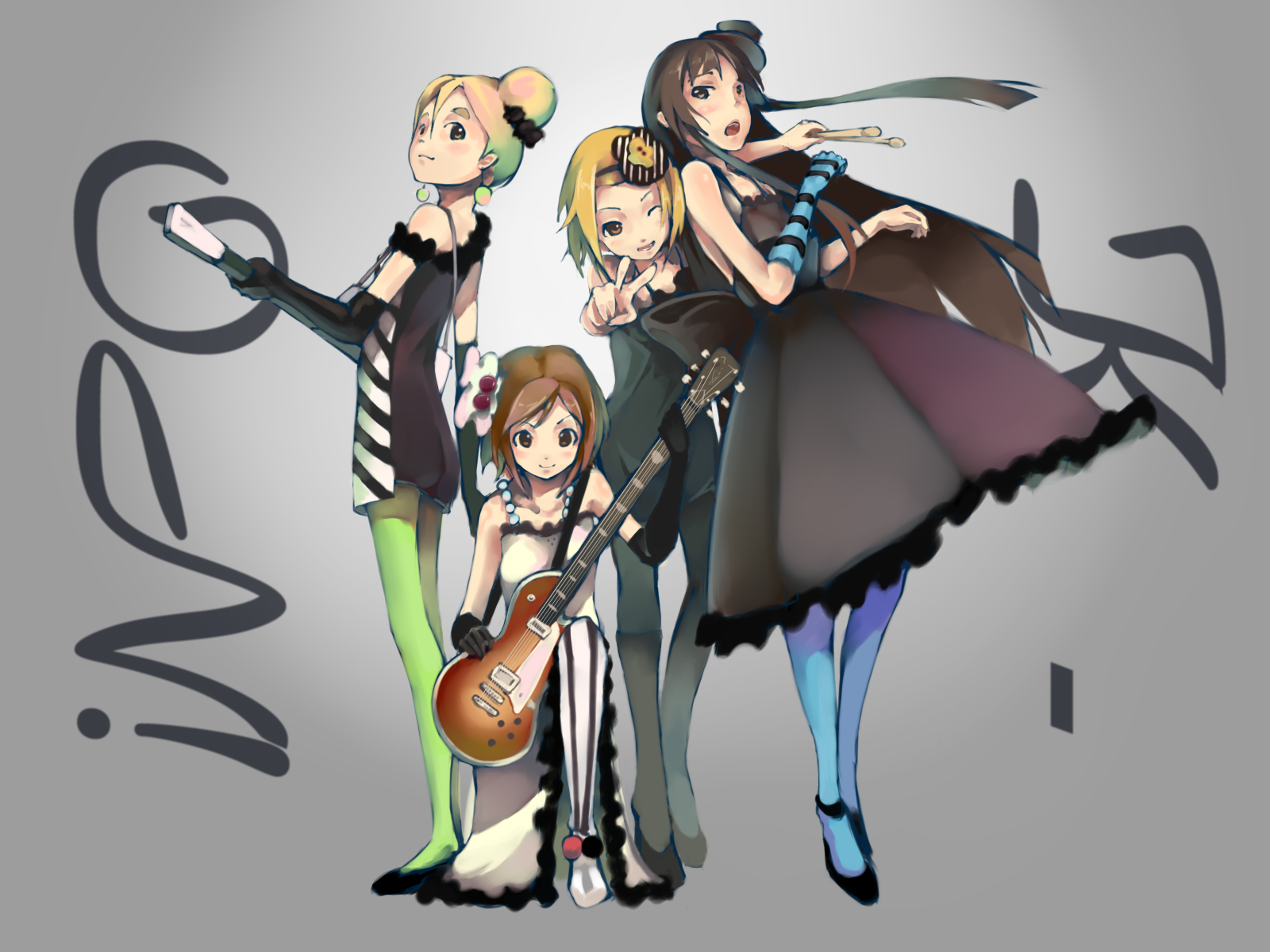 foge, akiyama mio, hirasawa yui, kotobuki tsumugi, tainaka ritsu, don't say "lazy", k-on!, black legwear, blue legwear, striped legwear, vertical-striped legwear, highres, 00s, 4girls, aqua pantyhose, black hair, blonde hair, blunt bangs, brown hair, dress, elbow gloves, electric guitar, fingerless gloves, gibson les paul, gloves, green eyes, green pantyhose, guitar, hair bun, hair ornament, hat, hime cut, ho-kago tea time, instrument, keytar, long hair, mini hat, mini top hat, multiple girls, one eye closed, pantyhose, short hair, single hair bun, striped clothes, striped gloves, striped pantyhose, top hat, v, vertical-striped clothes, vertical-striped pantyhose