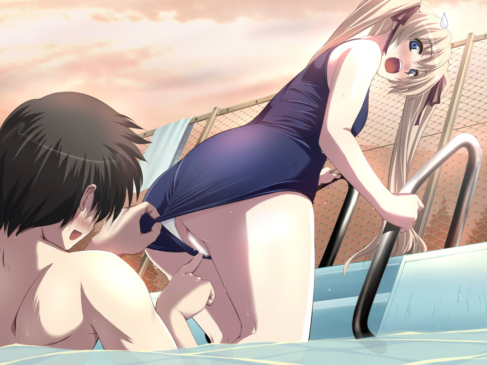 nishiyama maruta, 1boy, 1girl, ass, blonde hair, blue eyes, blush, censored, chain-link fence, clothing aside, fence, from below, hetero, hidden eyes, long hair, one-piece swimsuit, open mouth, pool, pool ladder, poolside, pussy, school swimsuit, sideways mouth, sunset, sweatdrop, swimsuit, swimsuit aside, twintails, wet