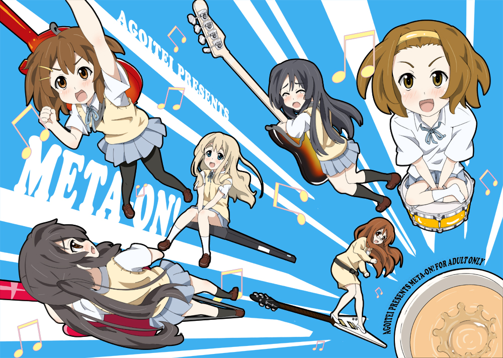 sankuro (agoitei), akiyama mio, hirasawa yui, kotobuki tsumugi, nakano azusa, tainaka ritsu, yamanaka sawako, k-on!, bad id, bad pixiv id, 00s, 6+girls, bass guitar, black hair, blonde hair, brown eyes, brown hair, closed eyes, dress, drum, electric guitar, gibson flying v, gibson les paul, glasses, guitar, guitar surfing, hair ornament, hairband, hairclip, ho-kago tea time, instrument, keyboard, keyboard (instrument), long hair, multiple girls, musical note, mustang (guitar), pantyhose, school uniform, short hair, sweater vest, tears, twintails