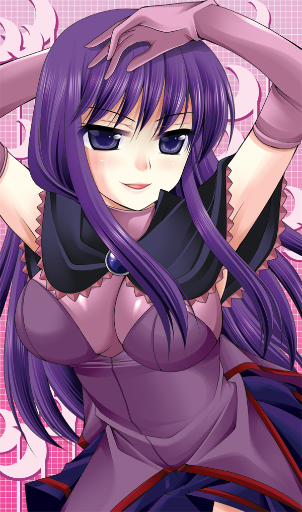 sakura hanatsumi, malariya, quiz magic academy, arms up, elbow gloves, gloves, long hair, purple eyes, purple hair, smile, solo