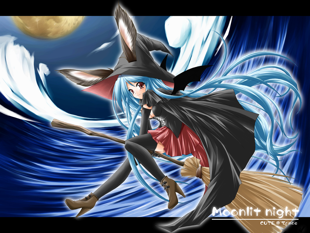 kamiya tomoe, original, animal ears, bat wings, black thighhighs, blue hair, broom, cape, ears through headwear, hat, letterboxed, long hair, moon, rabbit ears, red eyes, solo, thighhighs, very long hair, wings, witch, witch hat