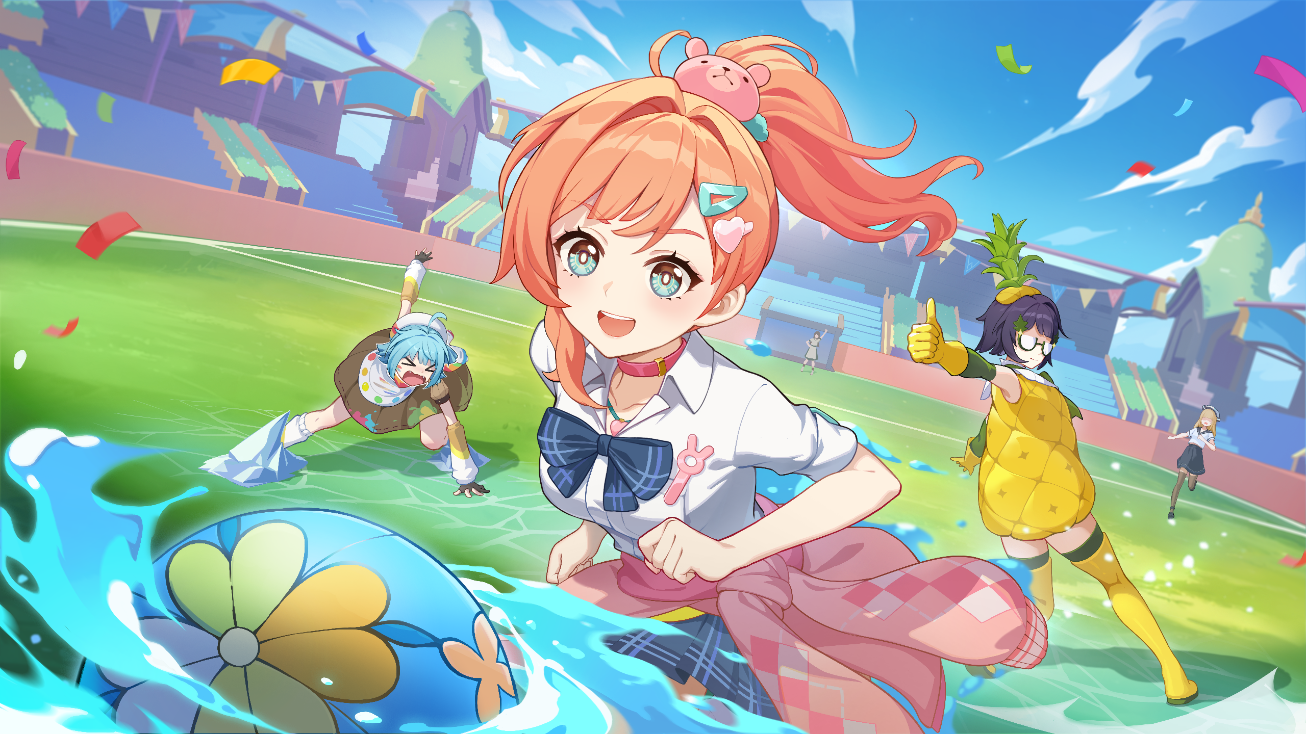 kuangkuangti, genshin impact, highres, 5girls, aqua hair, blue eyes, blue skirt, bow, bowtie, choker, clothes around waist, collared shirt, confetti, frozen, hair ornament, hairclip, jacket, jacket around waist, looking at viewer, manekina (chromatic artisan) (genshin impact), manekina (genshin impact), manekina (golden fruit) (genshin impact), manekina (painted skies) (genshin impact), multiple girls, open mouth, orange hair, pineapple costume, pink choker, pink jacket, ponytail, shirt, short sleeves, skirt, smile, soccer, soccer field, teddy bear hair ornament, thumbs up, white shirt