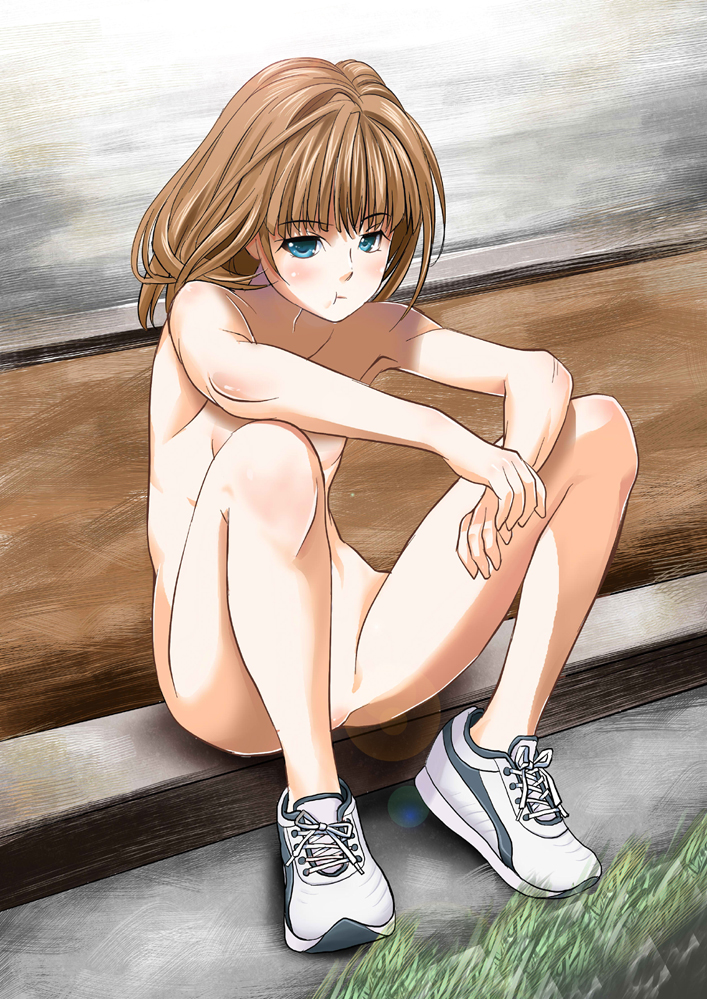 aitanikofu, pxkanif, original, bad id, bad pixiv id, 1girl, :t, androgynous, blue eyes, brown hair, censored, convenient censoring, convenient leg, female focus, flat chest, grass, long hair, no pussy, no socks, nude, nudist, pout, shoes, short hair, sitting, sneakers, solo, zenra
