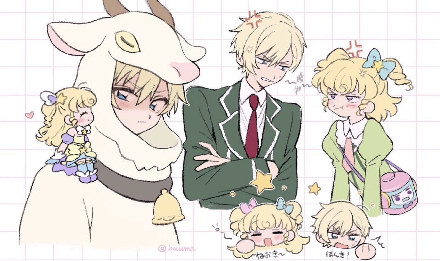 yumekawa shogo, yumekawa yui, idol time pripara, pretty series, pripara, commentary request, 1girl, :d, anger vein, annoyed, avocado academy school uniform, bell, blonde hair, blue eyes, bow, chibi, closed eyes, closed mouth, collared shirt, goat costume, green jacket, hair bow, jacket, long hair, long sleeves, mini person, minigirl, multiple views, neck bell, necktie, on shoulder, open mouth, pout, purple eyes, rice cooker, ringlets, school uniform, shaded face, shirt, short hair, smile, star (symbol), takki (pripara), two side up, uma (bauma05), white shirt