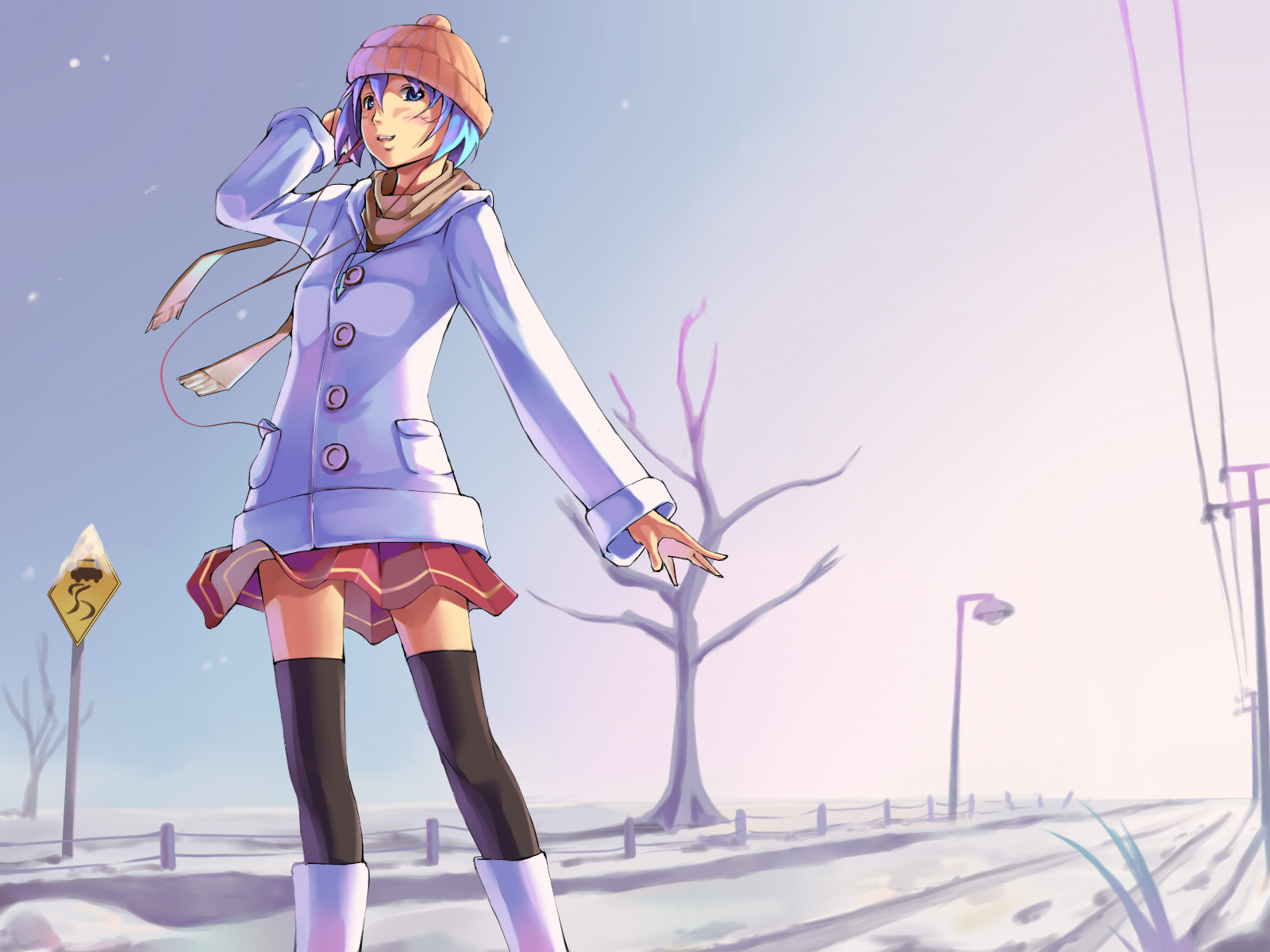 foge, original, highres, 1girl, blue eyes, blue hair, boots, coat, female focus, footprints, hand on own head, hat, headphones, lamppost, matching hair/eyes, perspective, power lines, road, road sign, scarf, short hair, sign, skirt, snow, snowing, solo, street, thighhighs, tree, vanishing point, winter, winter clothes, zettai ryouiki