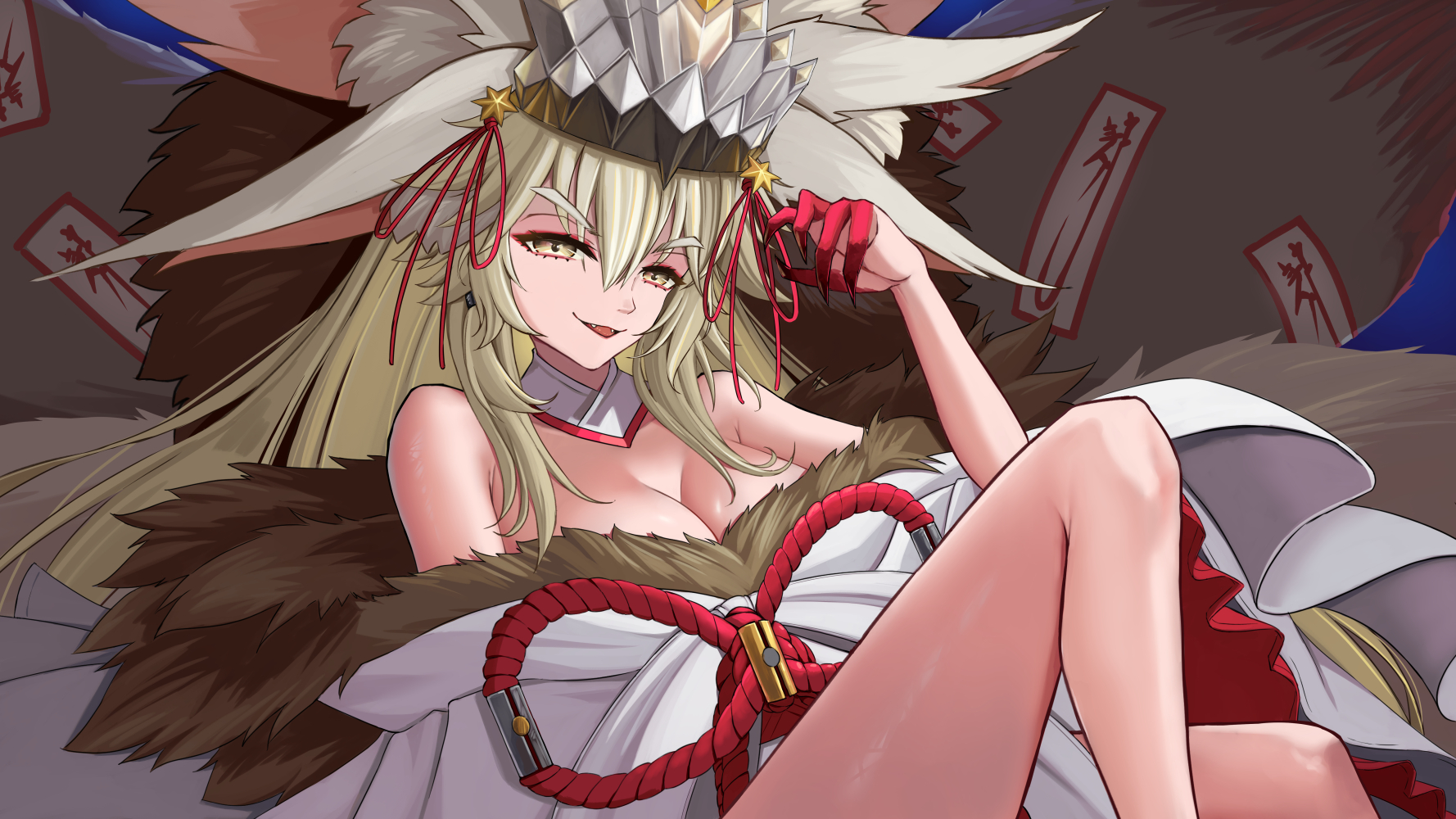 kapi-san, koyanskaya (fate), koyanskaya (lostbelt beast:iv) (fate), fate/grand order, fate (series), highres, 1girl, animal ear fluff, animal ears, bare shoulders, blonde hair, blush, breasts, cleavage, detached collar, extra ears, fox ears, fox girl, fox tail, hair between eyes, headpiece, large breasts, long hair, looking at viewer, off shoulder, sidelocks, smile, solo, tail, thighs, very long hair, yellow eyes