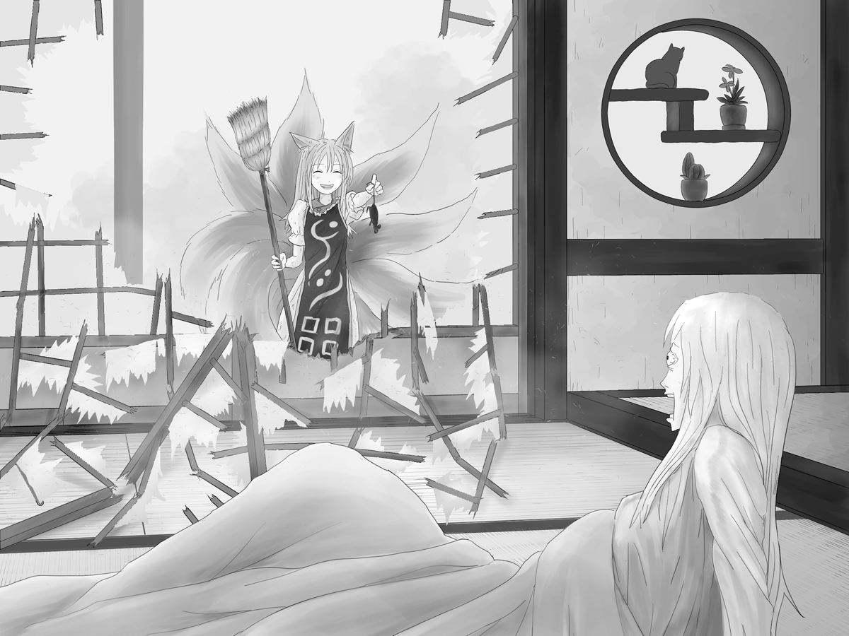 wimifu, yakumo ran, yakumo yukari, touhou, bad id, bad pixiv id, 2girls, aged down, animal ears, broom, bulging eyes, eye pop, female focus, flower pot, fox ears, fox tail, greyscale, long hair, monochrome, mouse (animal), multiple girls, multiple tails, round window, tail, tatami, window