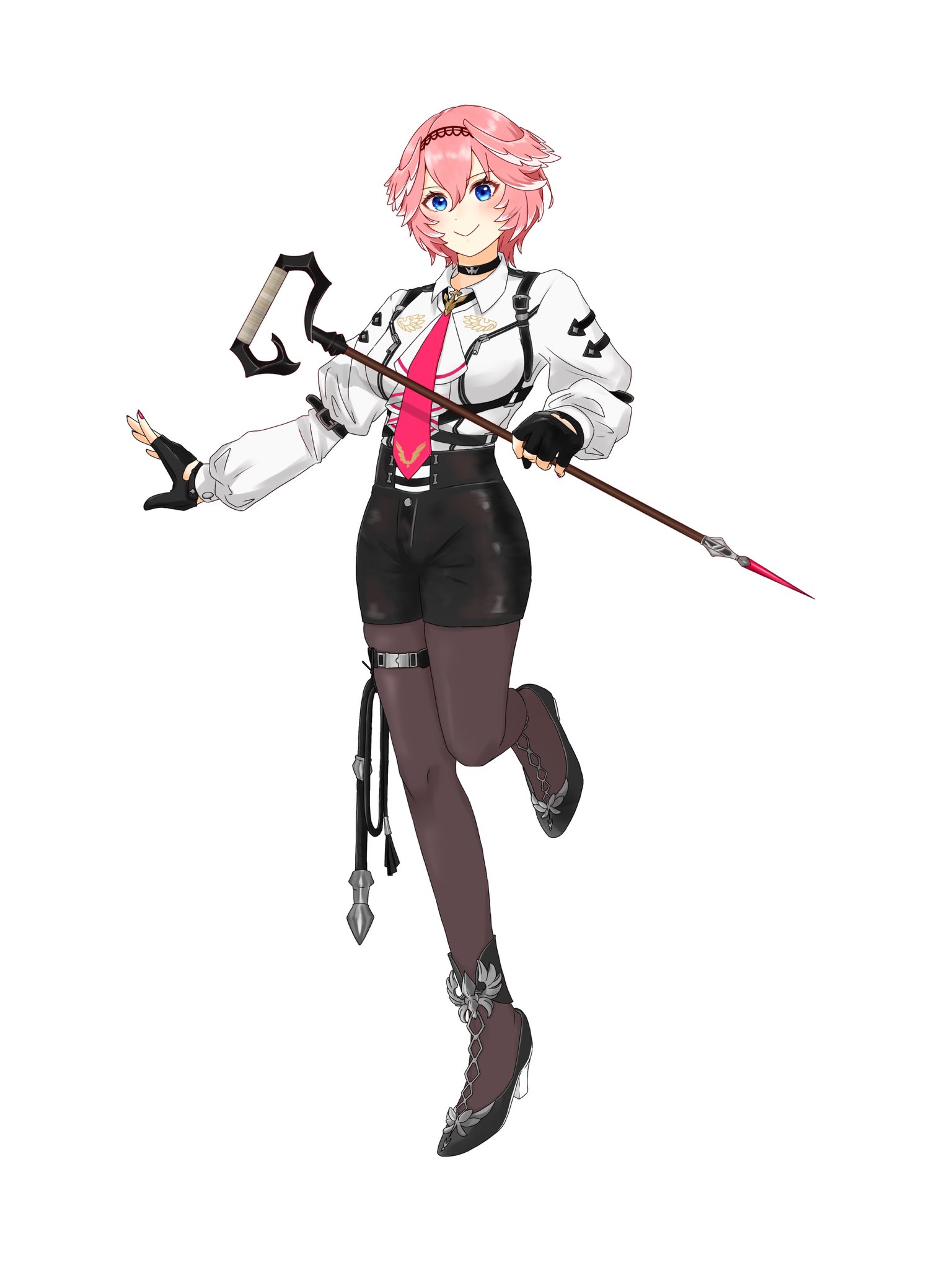 ringo 21 a, takane lui, takane lui (1st costume), hololive, commentary request, highres, 1girl, black choker, black gloves, black pantyhose, black shoes, black shorts, blue eyes, choker, closed mouth, double-parted bangs, fingerless gloves, full body, gloves, hair between eyes, head wings, high-waist shorts, holding, holding staff, long sleeves, looking at viewer, necktie, pantyhose, pantyhose under shorts, pink hair, pink necktie, shirt, shoes, short hair, shorts, simple background, smile, solo, staff, standing, standing on one leg, virtual youtuber, white background, white shirt, wings