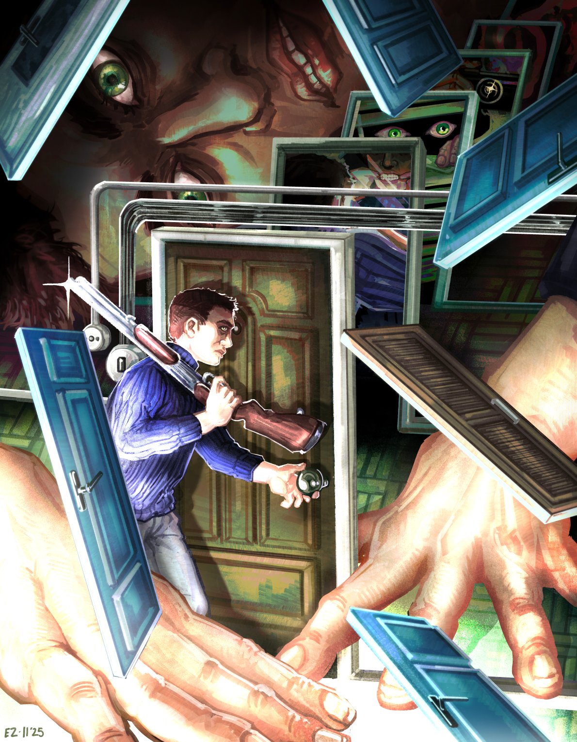 myxineye, protagonist (no i'm not a human), no i'm not a human, distress, commentary, english commentary, highres, 1boy, brown hair, door, green eyes, gun, holding, holding gun, holding weapon, looking at mirror, looking at viewer, male focus, mirror, opening door, purple sweater, short hair, shotgun, surreal, sweater, symbolism, too many doors, turtleneck, turtleneck sweater, weapon