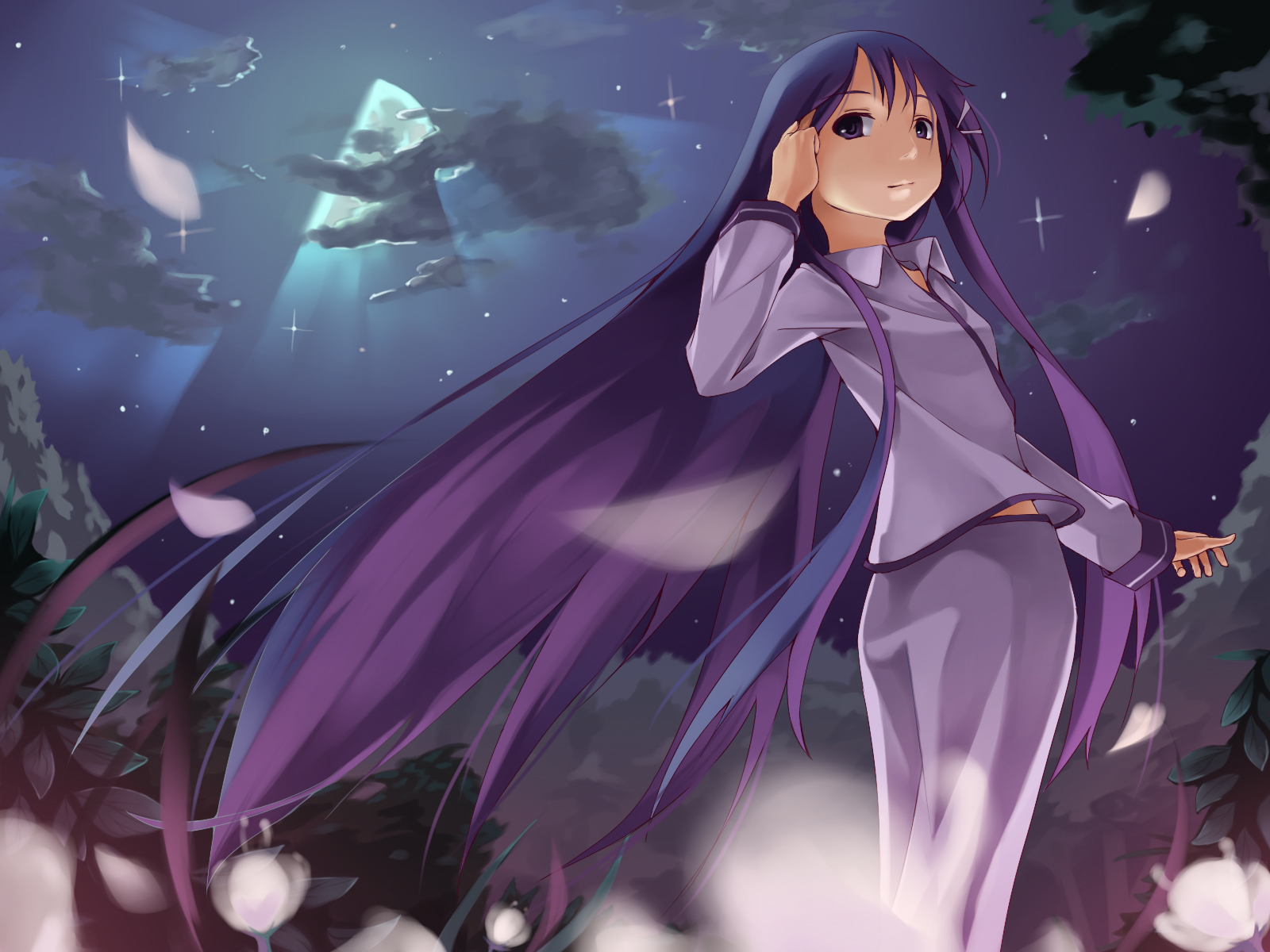 foge, akiba rika, hanbun no tsuki ga noboru sora, highres, 00s, 1girl, cloud, female focus, flower, hair ornament, hairclip, leaf, long hair, moon, night, night sky, pajamas, purple eyes, purple hair, sky, solo, star (symbol), very long hair