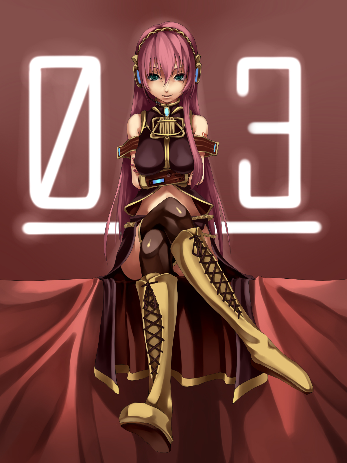 foge, megurine luka, vocaloid, highres, 1girl, armband, boots, breasts, crossed arms, crossed legs, female focus, green eyes, headphones, knee boots, large breasts, long hair, microphone, midriff, pink hair, side slit, sitting, skirt, solo, thighhighs
