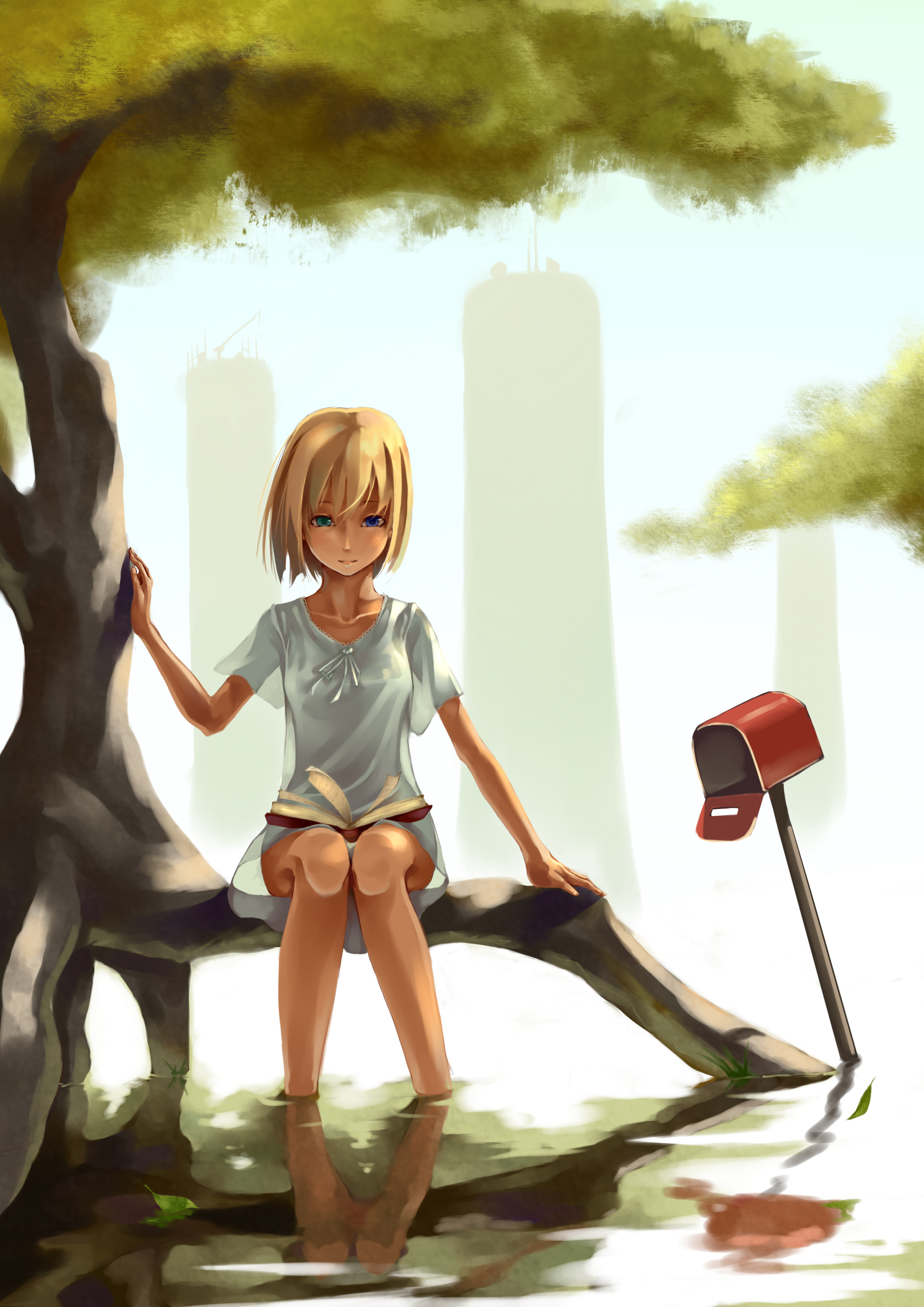 foge, original, absurdres, highres, 1girl, blonde hair, book, building, dress, faux traditional media, female focus, heterochromia, in tree, leaf, mailbox, open book, reading, reflection, reflective liquid, see-through clothes, see-through silhouette, short hair, sitting, sitting in tree, soaking feet, solo, sundress, tree, water
