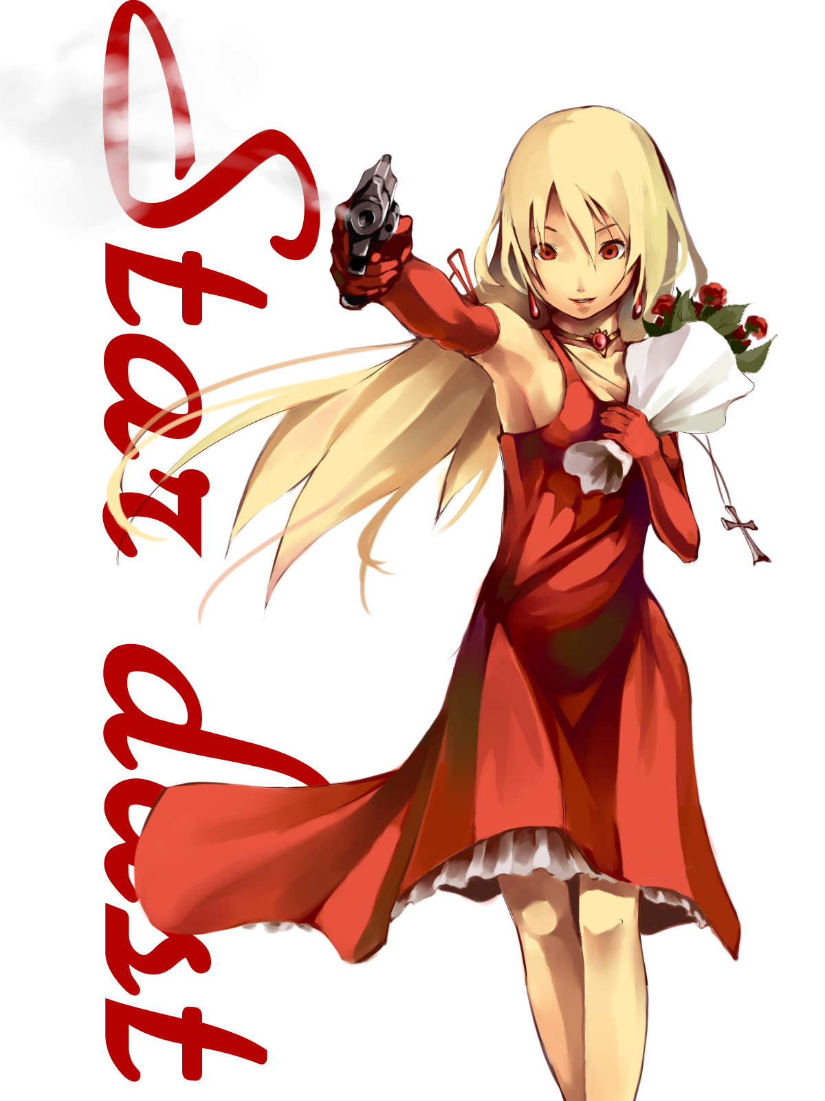 foge, stardust, elysion, sound horizon, highres, blonde hair, bouquet, choker, cross, dress, elbow gloves, flower, gloves, gun, jewelry, long hair, necklace, red eyes, rose, smoke, solo, weapon