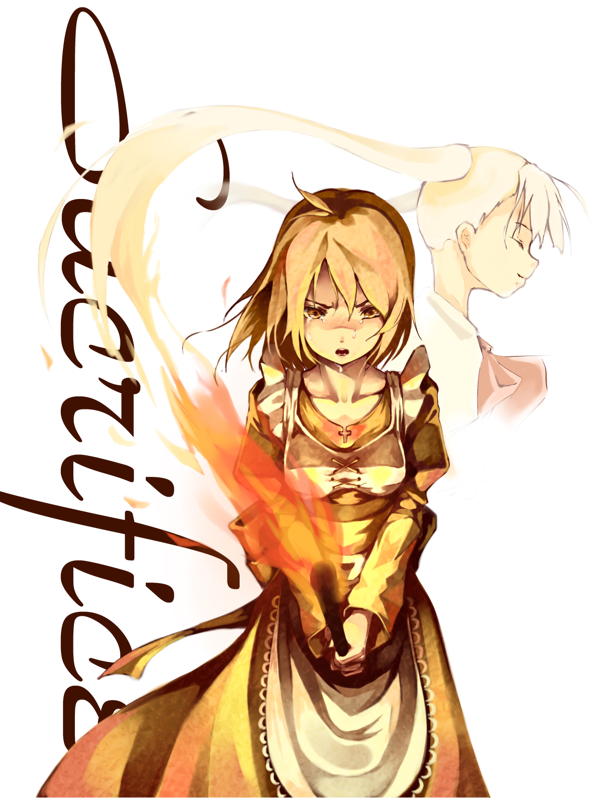 foge, sacrifice, sacrifice's sister (elysion), elysion, sound horizon, highres, ahoge, brown eyes, brown hair, dress, fire, short hair, tears, twintails
