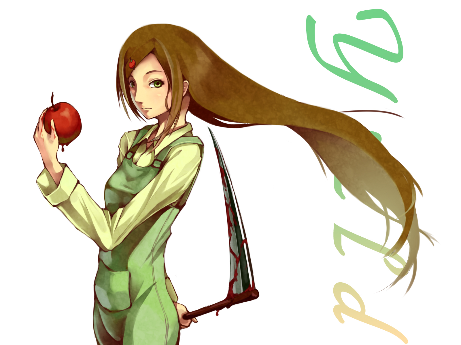 foge, yield, elysion, sound horizon, highres, 1girl, apple, blood, brown hair, female focus, food, fruit, green eyes, green overalls, holding, holding food, holding fruit, long hair, overalls, sickle, solo